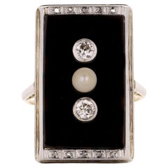 Art Deco Platinum and 14kt, Gold Rectangle Shaped Onyx, Diamond and Pearl Ring