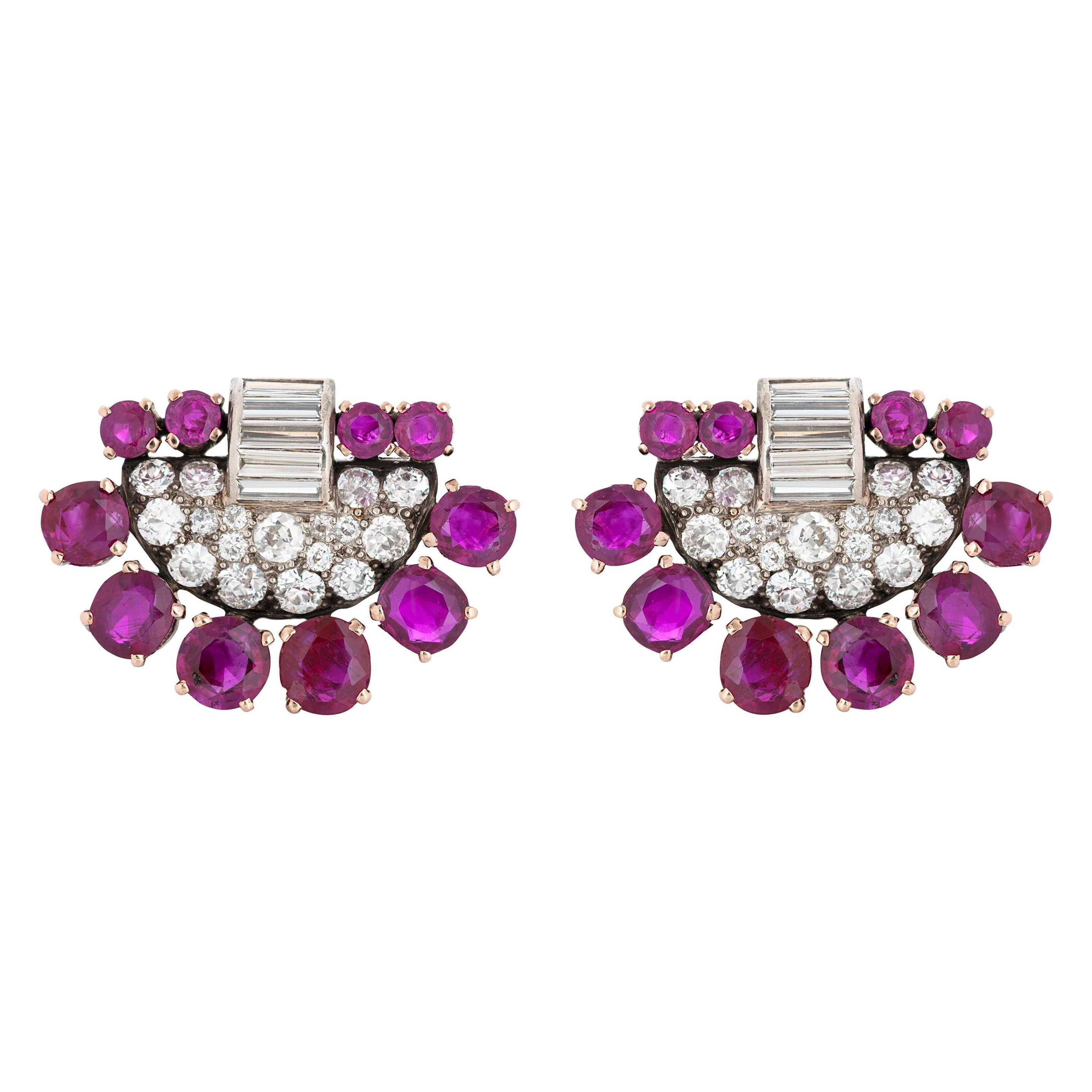 Boucles d'oreilles Art déco en platine et diamants en rubis de Birmanie non chauffé de 12,00 carats