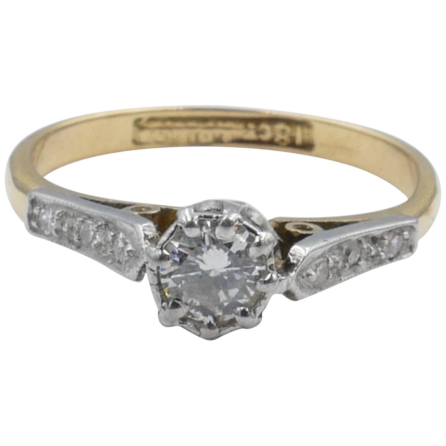 Art Deco Platinum and 18 Carat Yellow Gold Diamond Engagement Ring For Sale