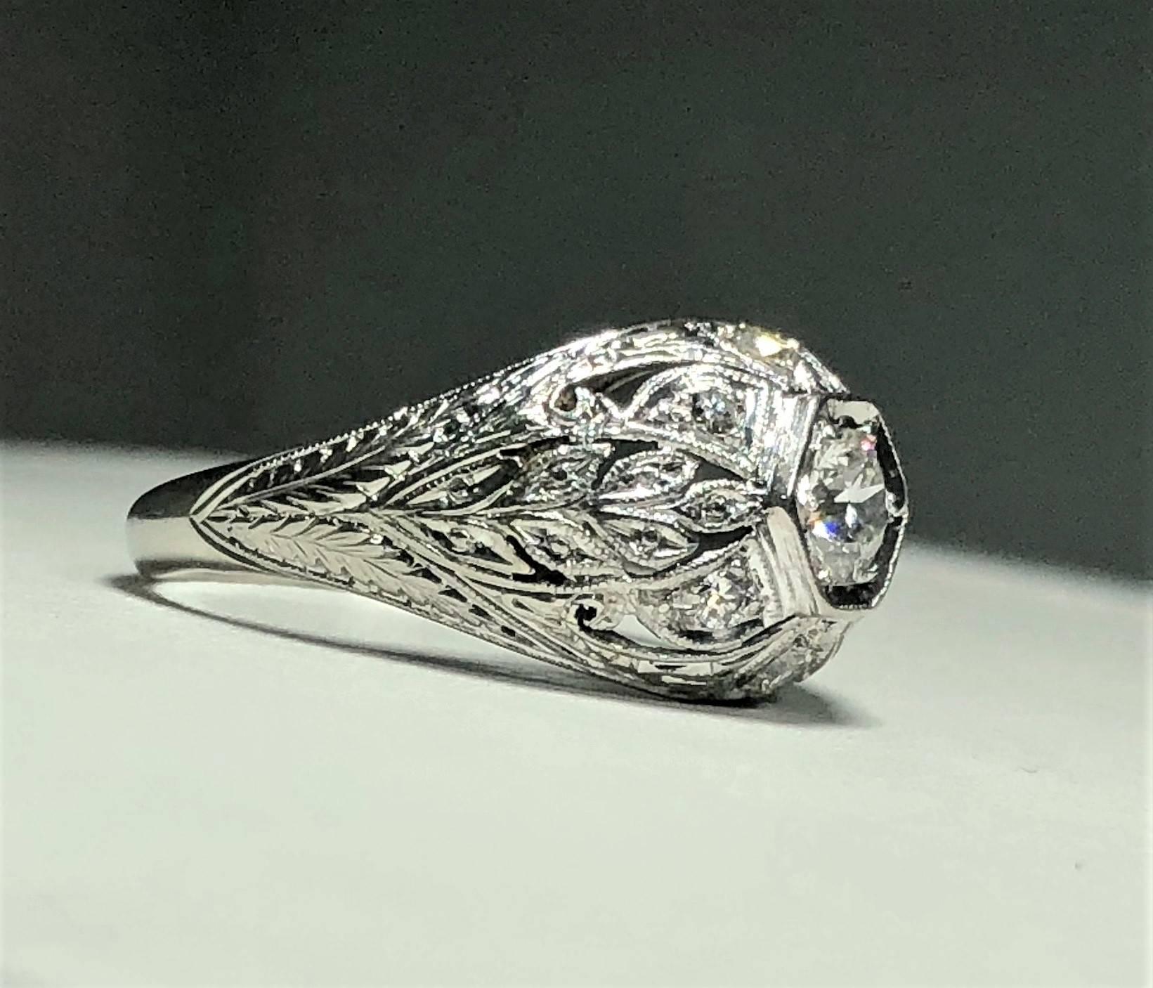 Art Deco Platinum and 18 Karat Gold European Cut Diamond Dome Engagement Ring For Sale 6