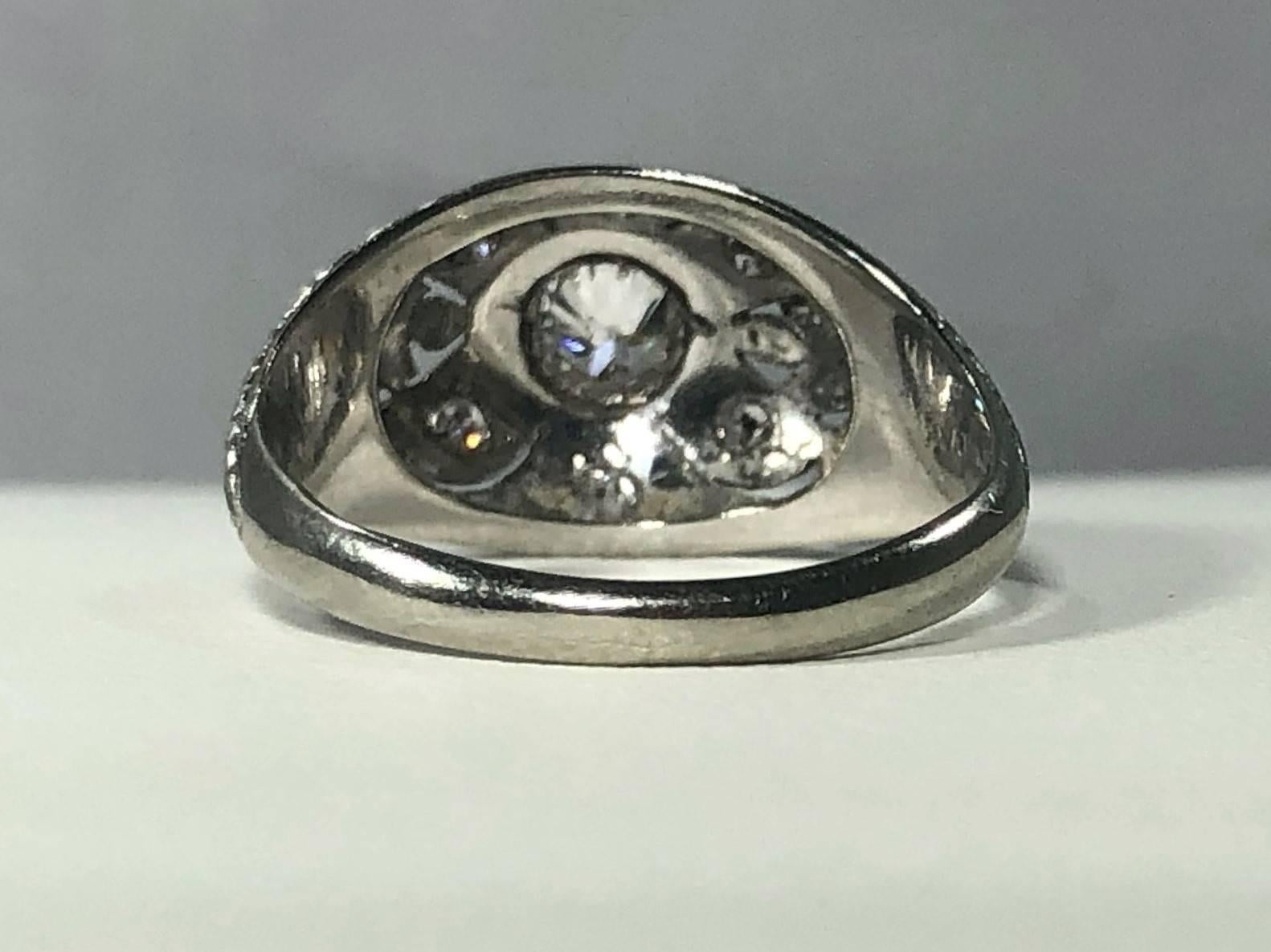 Art Deco Platinum and 18 Karat Gold European Cut Diamond Dome Engagement Ring For Sale 8