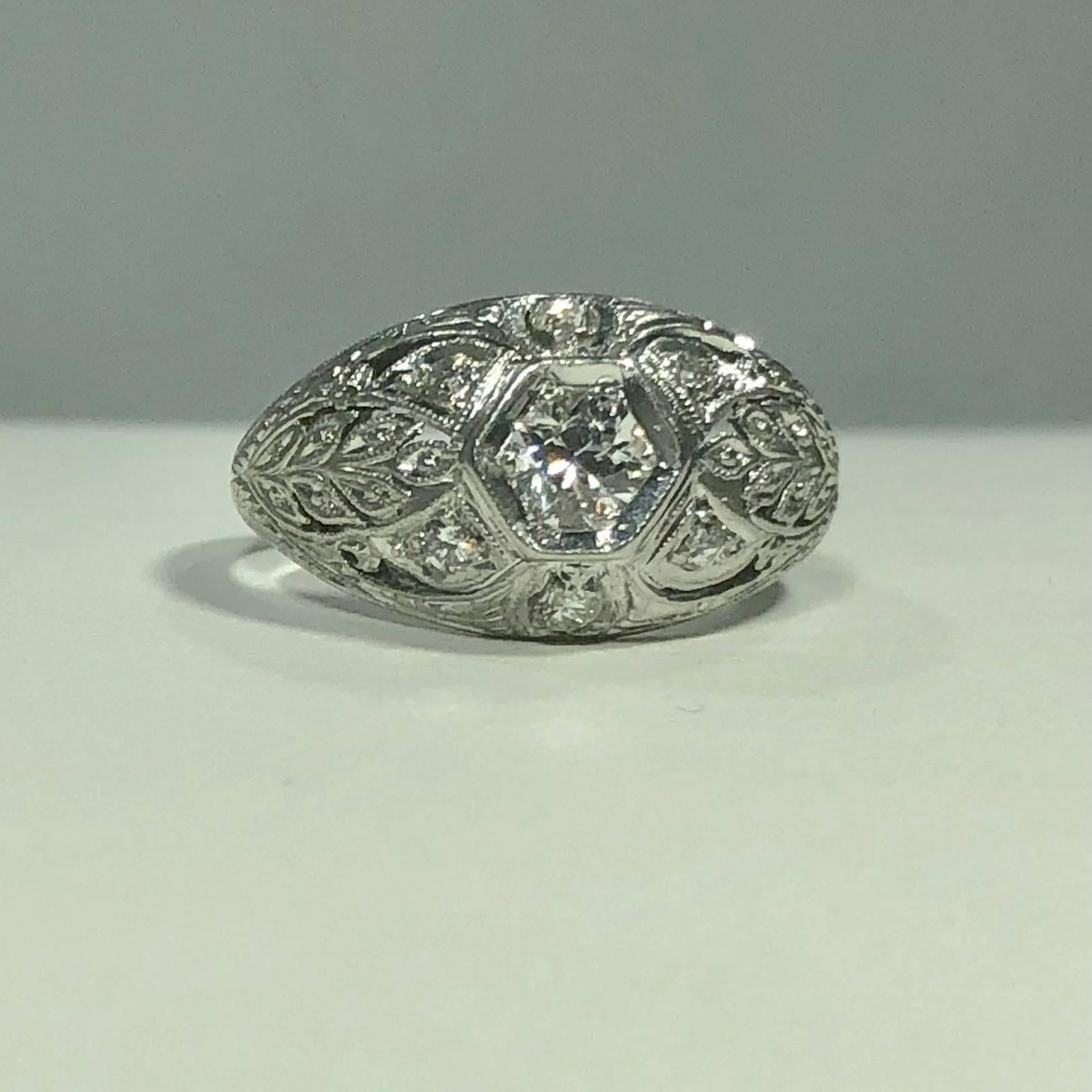 Art Deco Platinum and 18 Karat Gold European Cut Diamond Dome Engagement Ring In Excellent Condition For Sale In Mansfield, OH