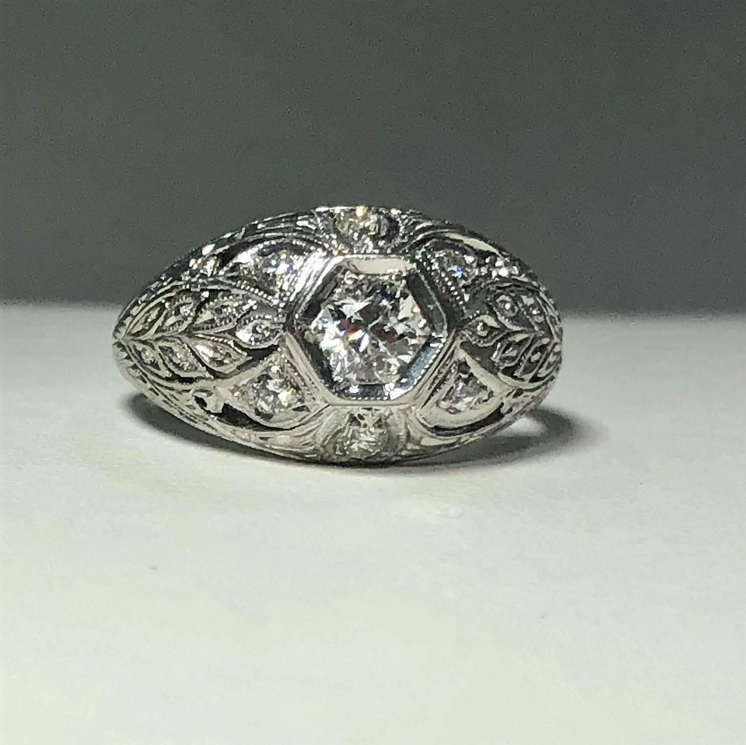 Women's Art Deco Platinum and 18 Karat Gold European Cut Diamond Dome Engagement Ring For Sale