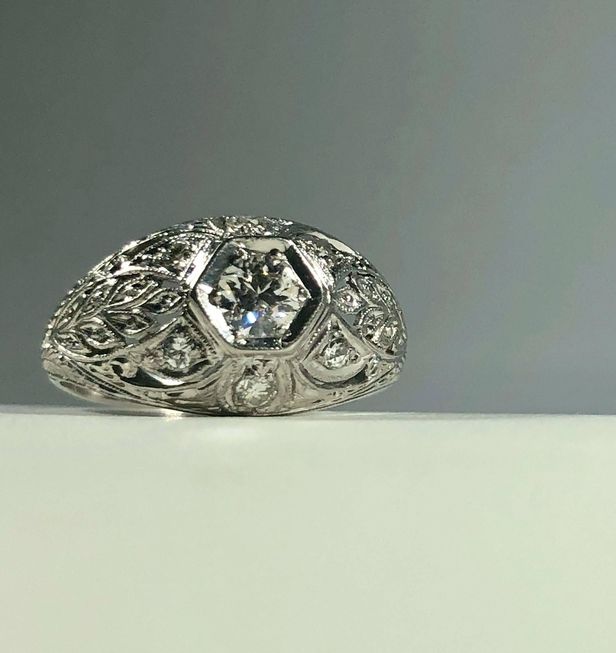 Art Deco Platinum and 18 Karat Gold European Cut Diamond Dome Engagement Ring For Sale 3