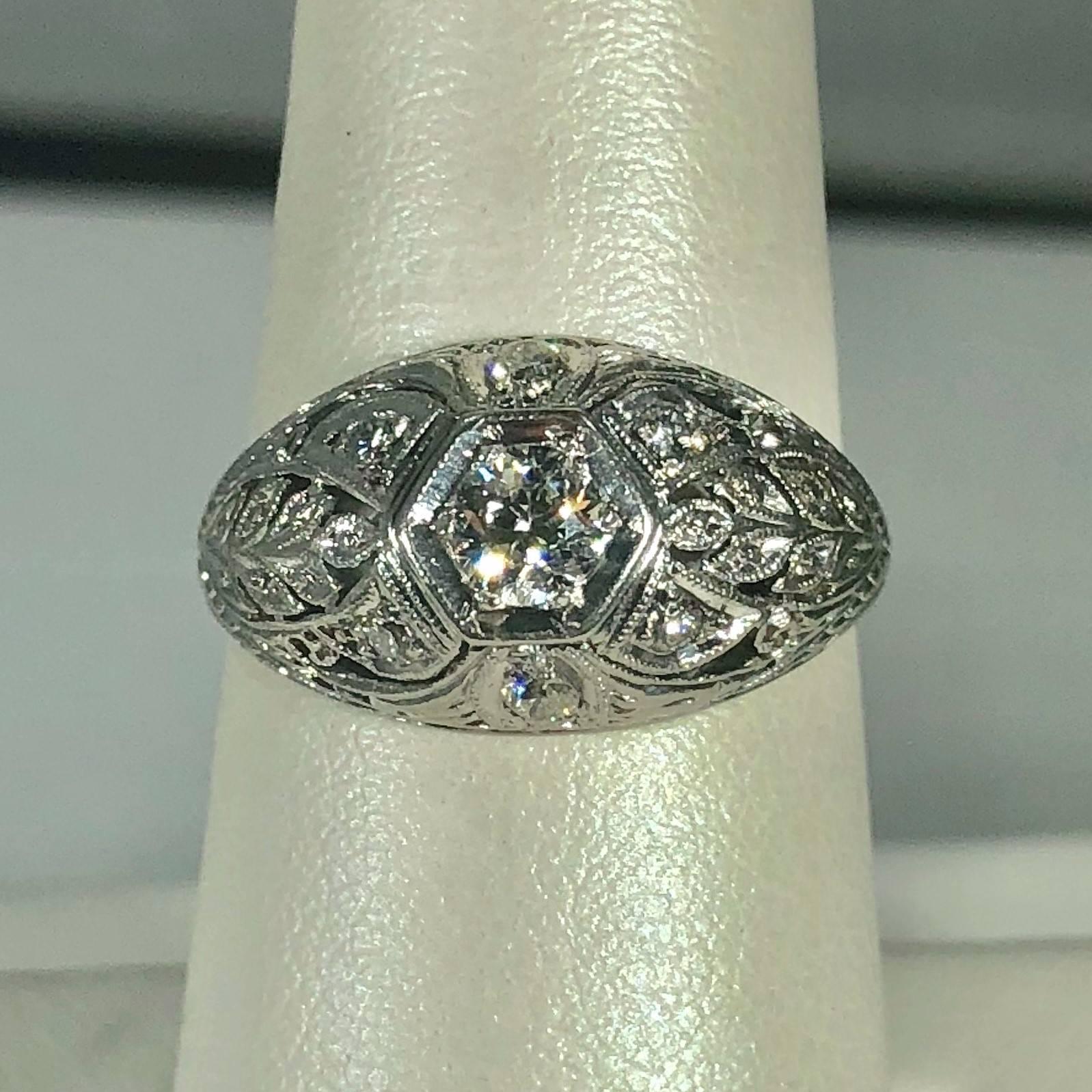 Art Deco Platinum and 18 Karat Gold European Cut Diamond Dome Engagement Ring For Sale 5