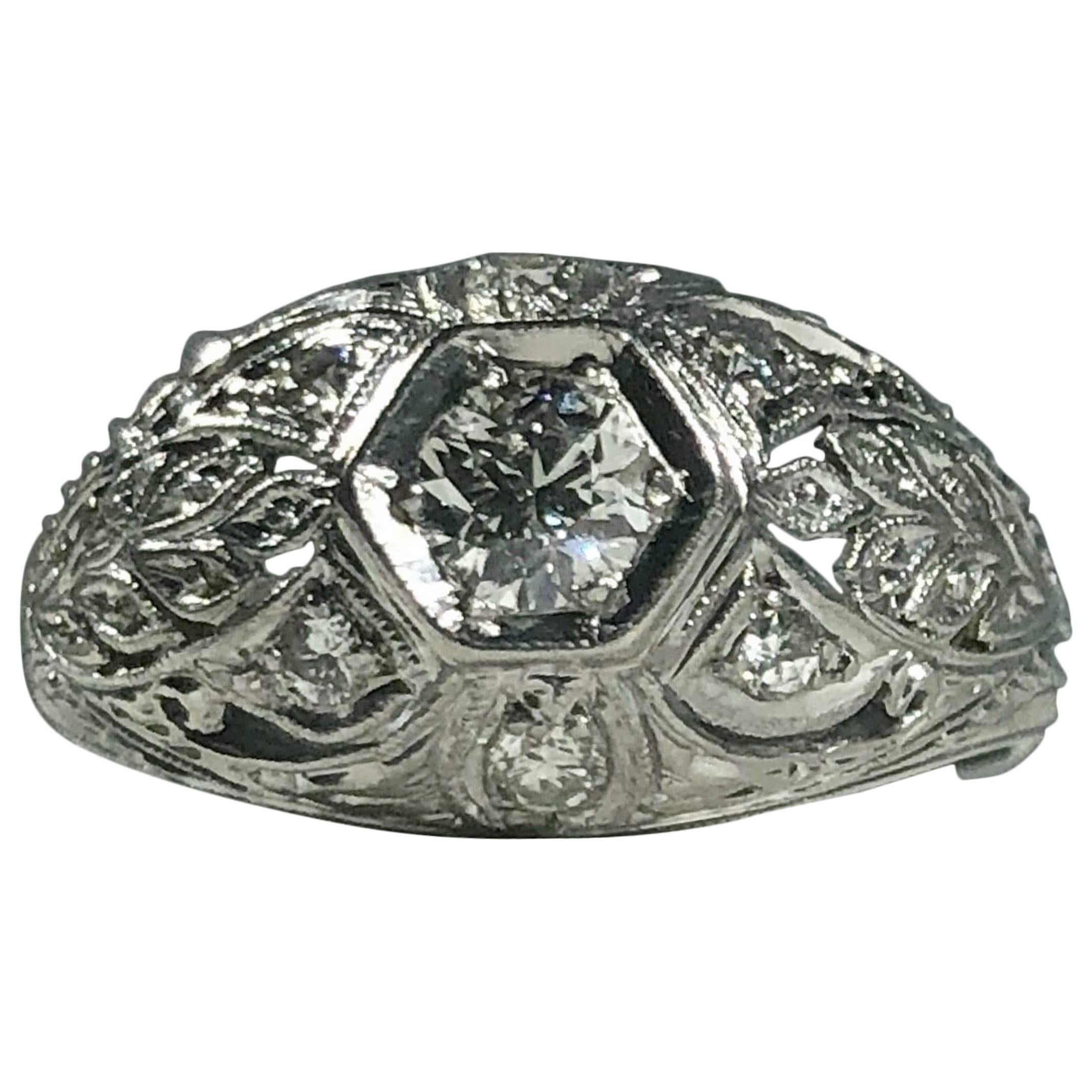 Art Deco Platinum and 18 Karat Gold European Cut Diamond Dome Engagement Ring For Sale