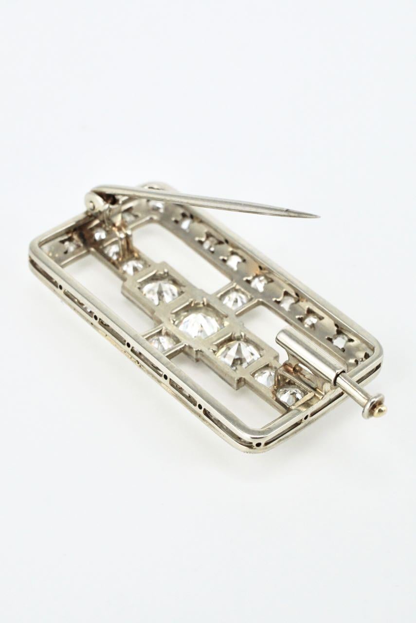 Old European Cut Art Deco Platinum and 18 Karat White Gold Diamond Brooch Pin, 1920s For Sale
