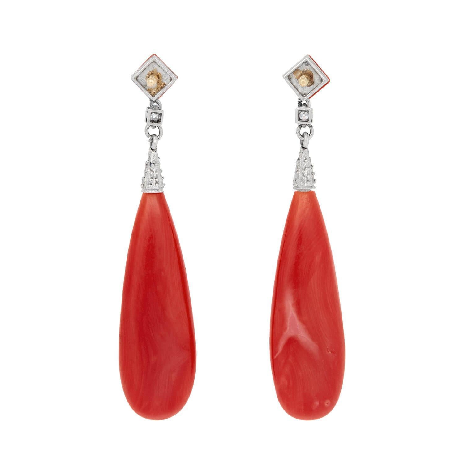Cabochon Art Deco Platinum and 18k Oxblood Coral and Diamond Drop Earring For Sale