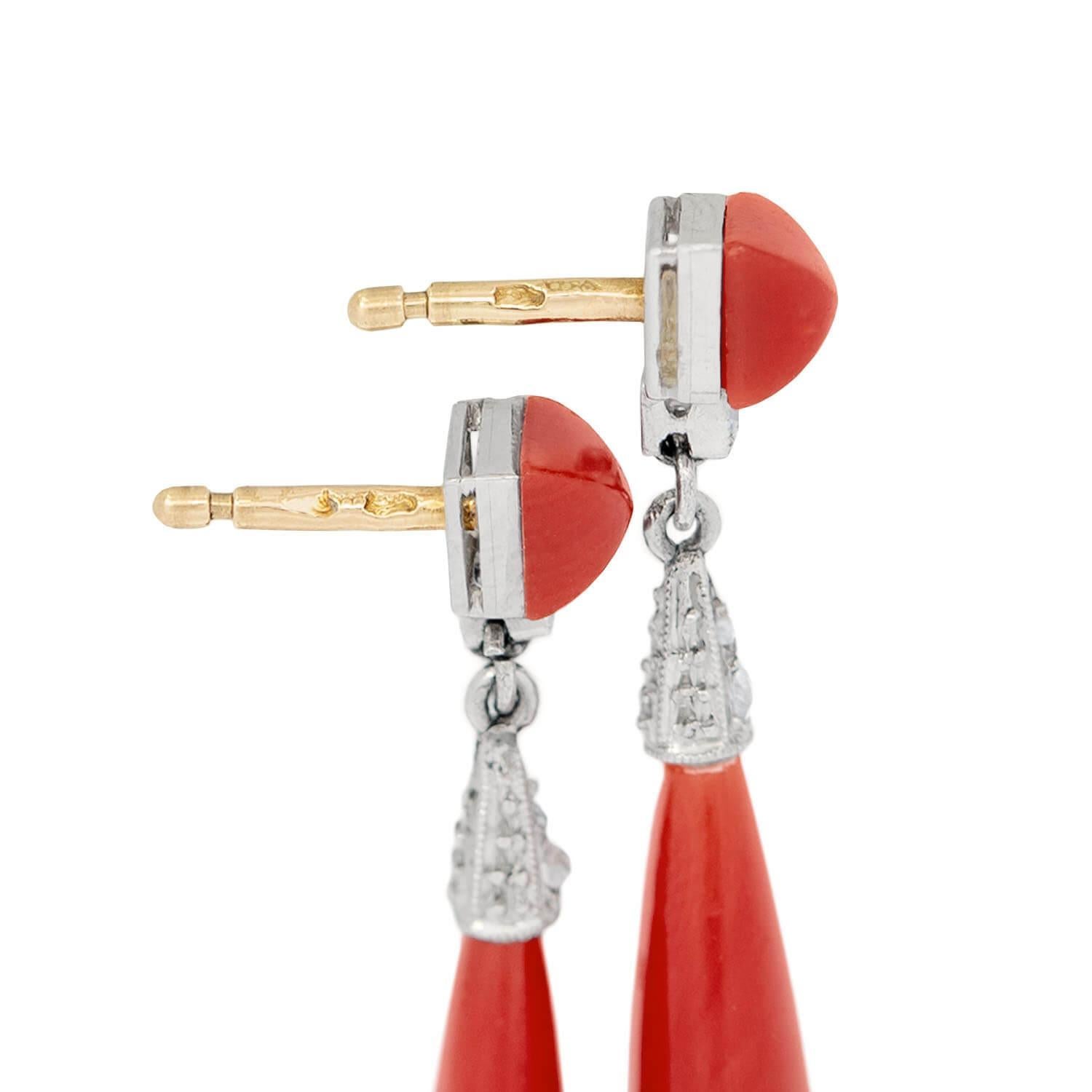 Art Deco Platinum and 18k Oxblood Coral and Diamond Drop Earring In Good Condition For Sale In Narberth, PA