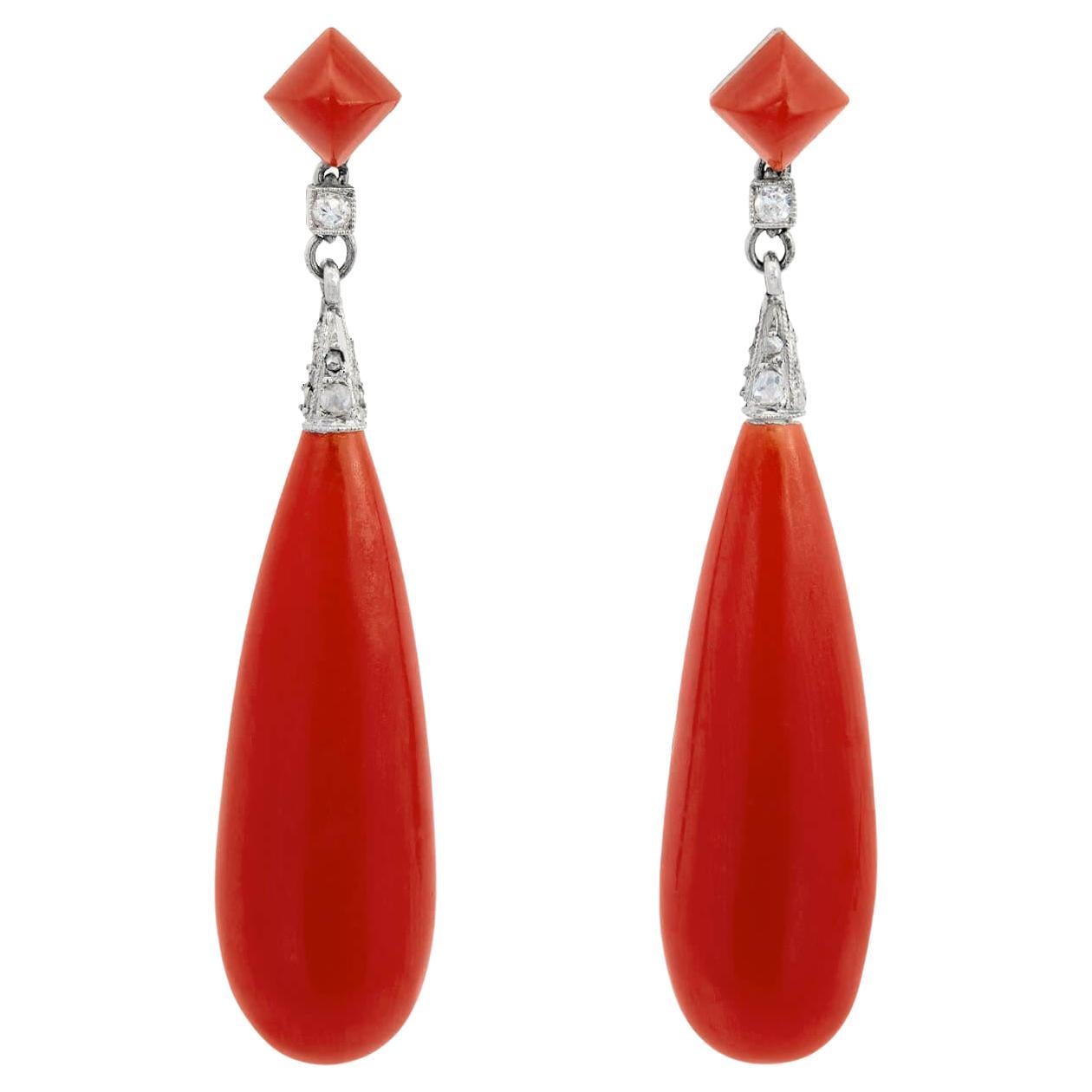 Art Deco Platinum and 18k Oxblood Coral and Diamond Drop Earring For Sale
