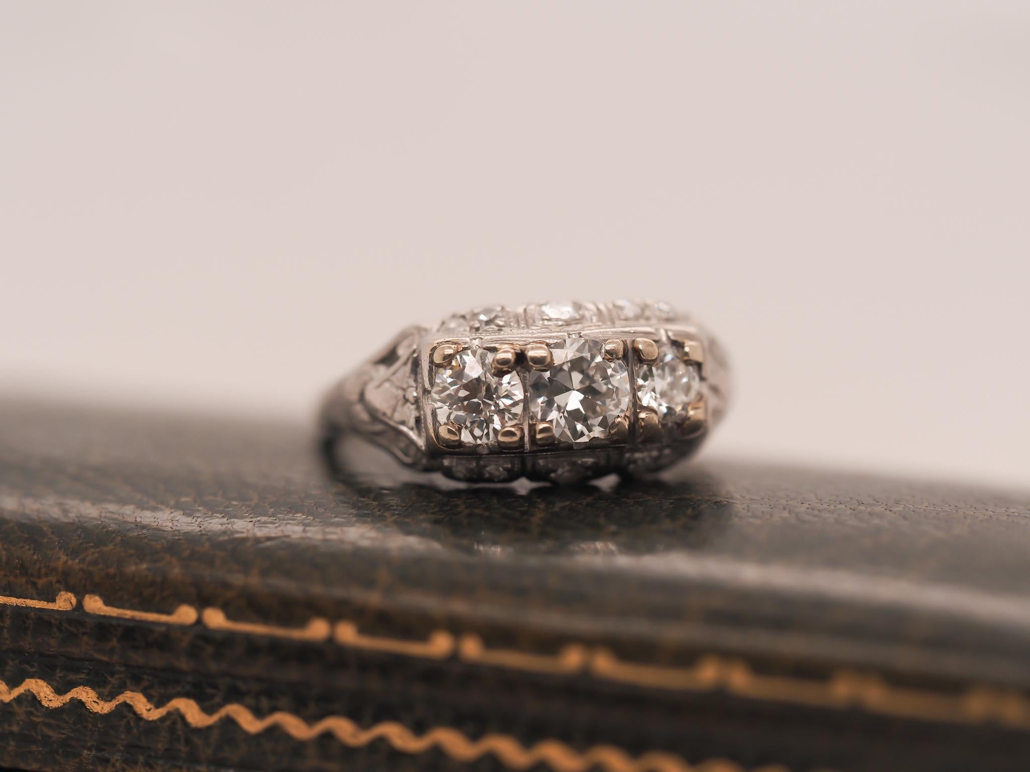 Old European Cut Art Deco Platinum and 18K White Gold Three Stone Old European Diamond Ring For Sale