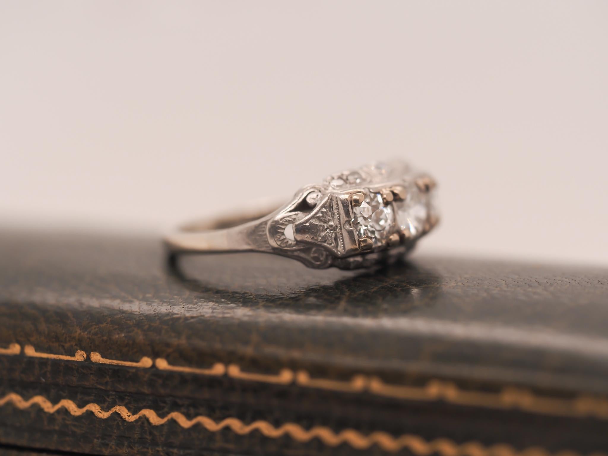 Women's Art Deco Platinum and 18K White Gold Three Stone Old European Diamond Ring For Sale