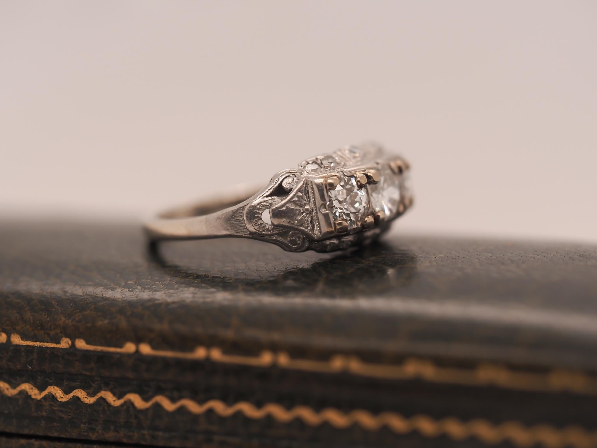 Art Deco Platinum and 18K White Gold Three Stone Old European Diamond Ring For Sale 1