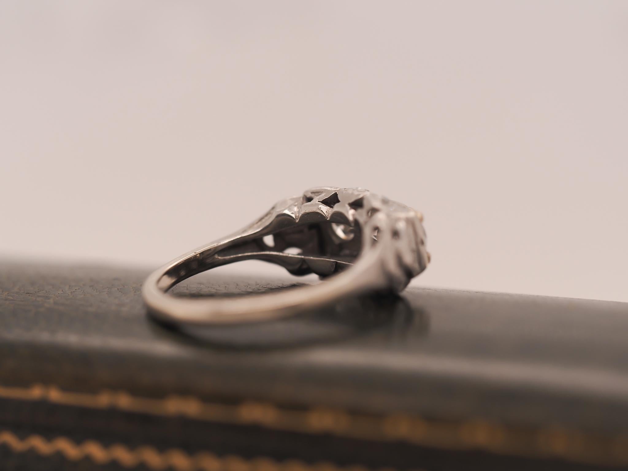 Art Deco Platinum and 18K White Gold Three Stone Old European Diamond Ring For Sale 2