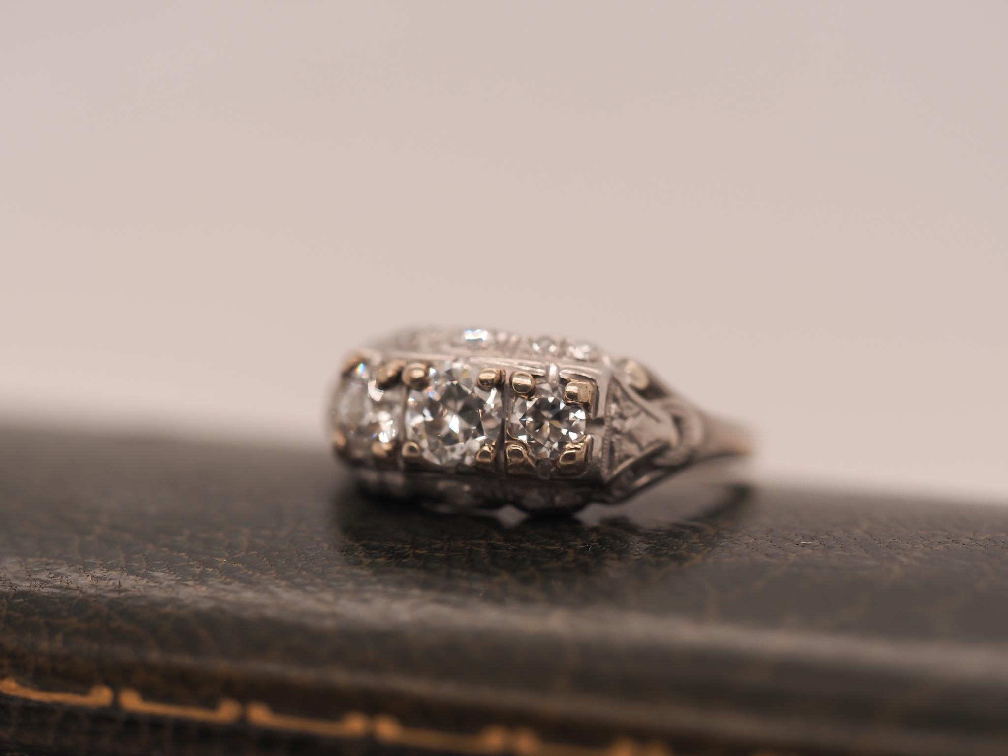 Art Deco Platinum and 18K White Gold Three Stone Old European Diamond Ring For Sale 4