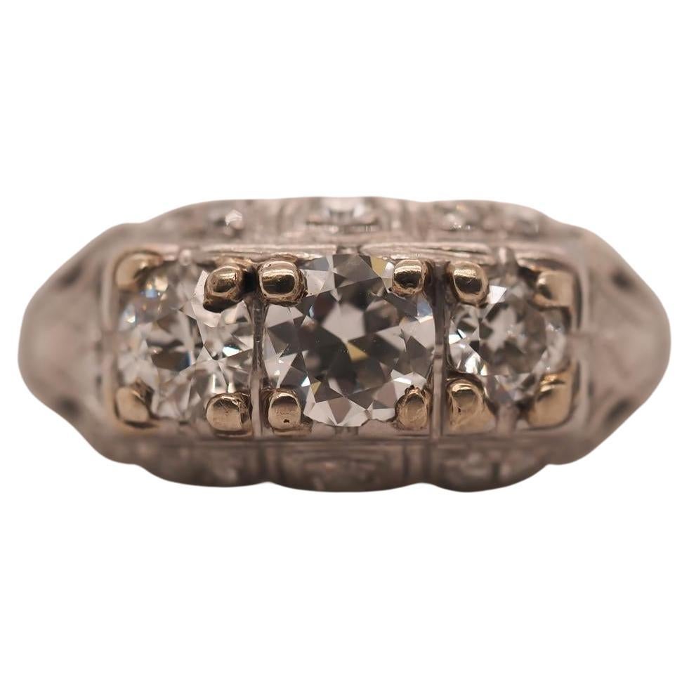 Art Deco Platinum and 18K White Gold Three Stone Old European Diamond Ring For Sale