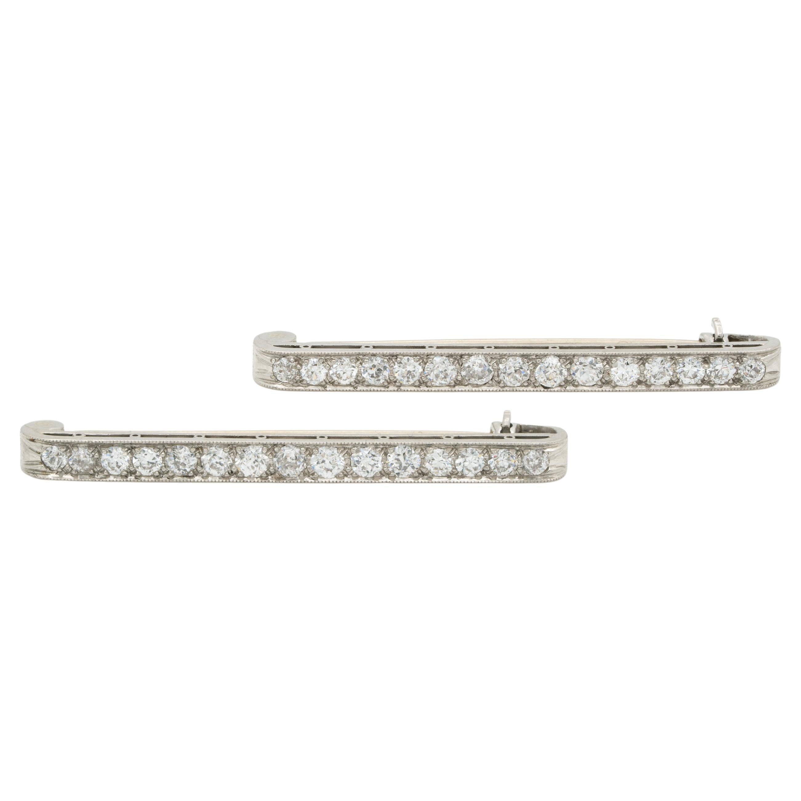 Art Deco Platinum and 2.0 Cts Diamond Matched Pair Bar Brooches For Sale