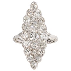 Art Deco Platinum and 2.15 Carat Old European Cut Diamond Navette Ring