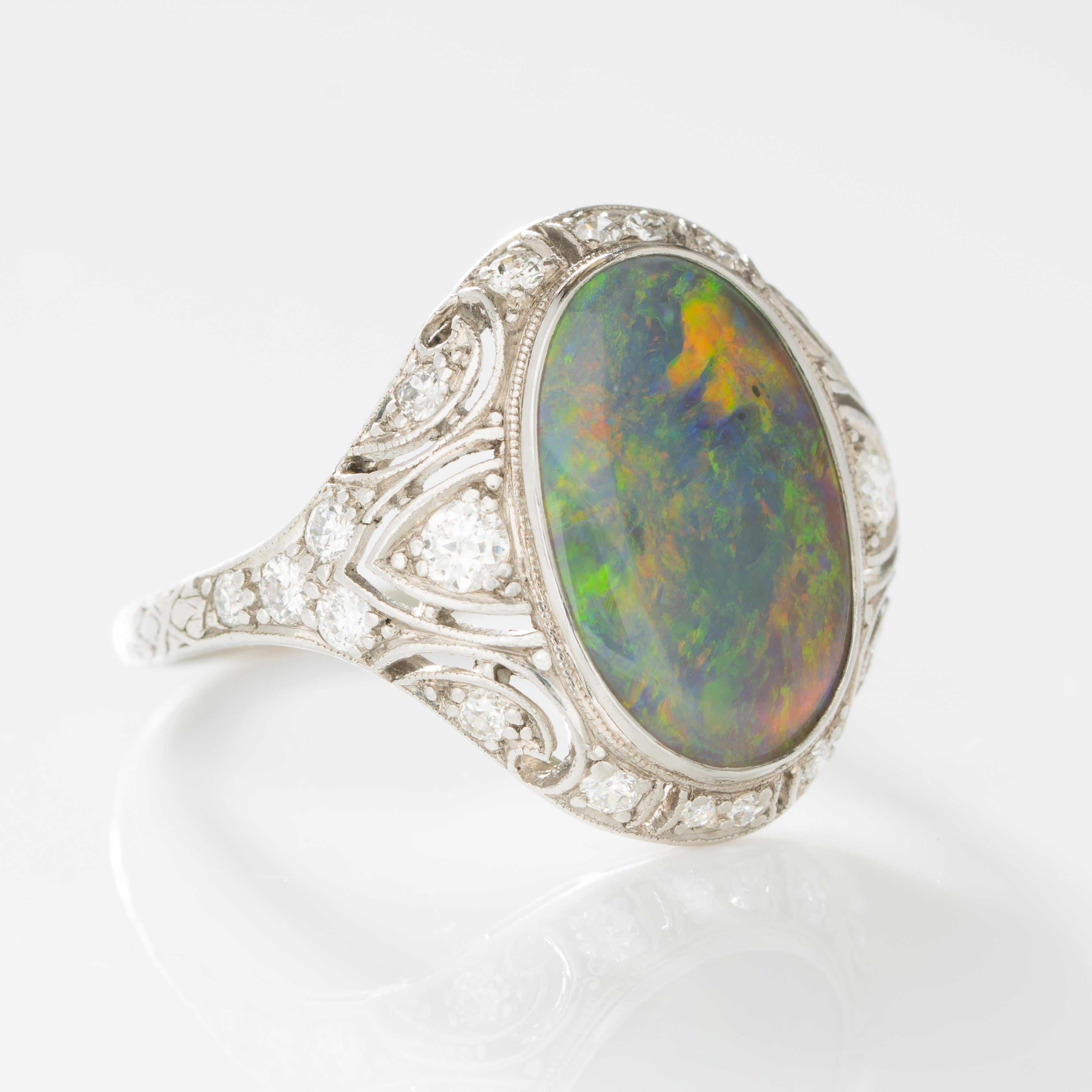 Art Deco Platinum and Diamond and Black Opal Ring
c.1930
Size 8
4.73 grams