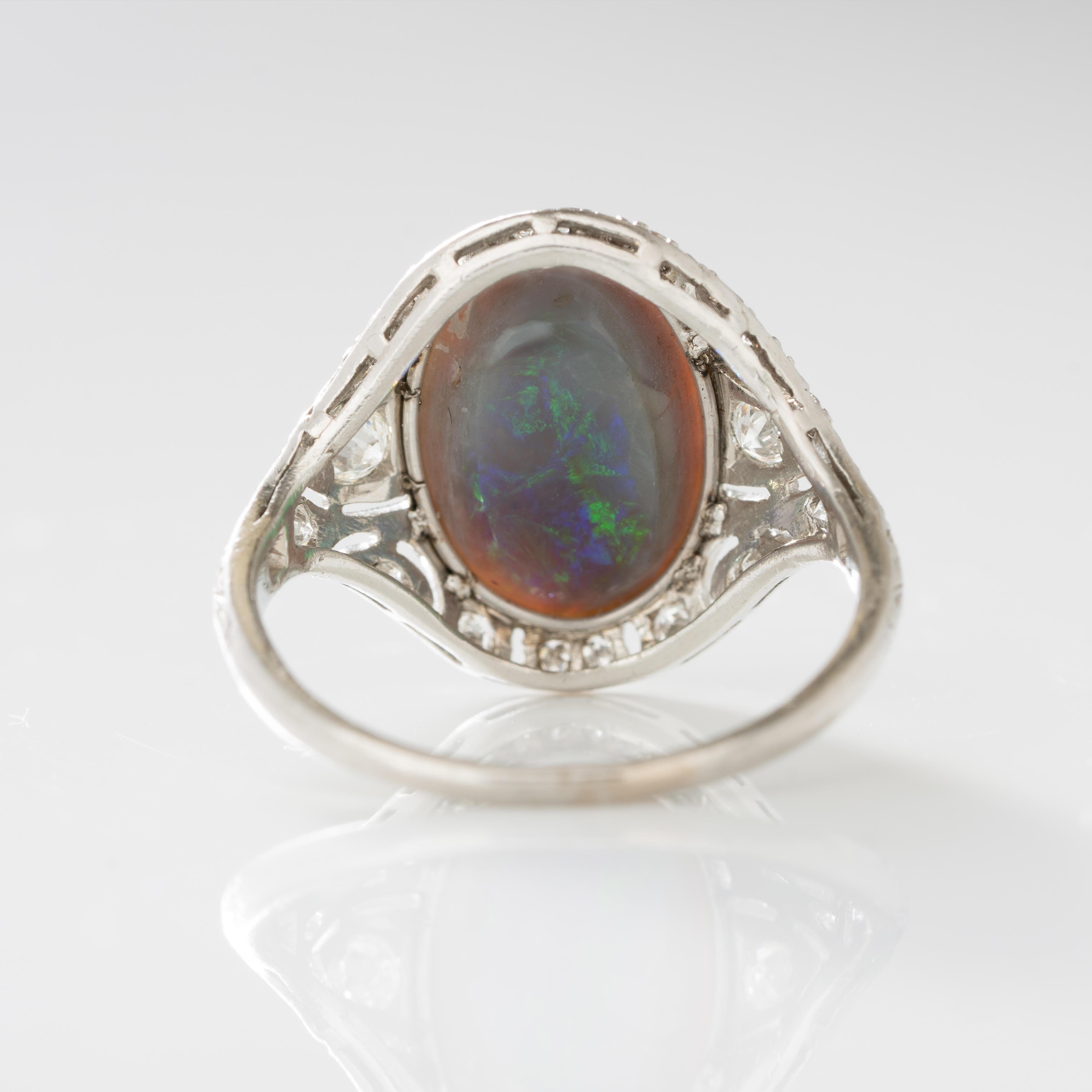 Women's or Men's Art Deco Platinum and Diamond and 2.8 Carat Black Opal Ring
