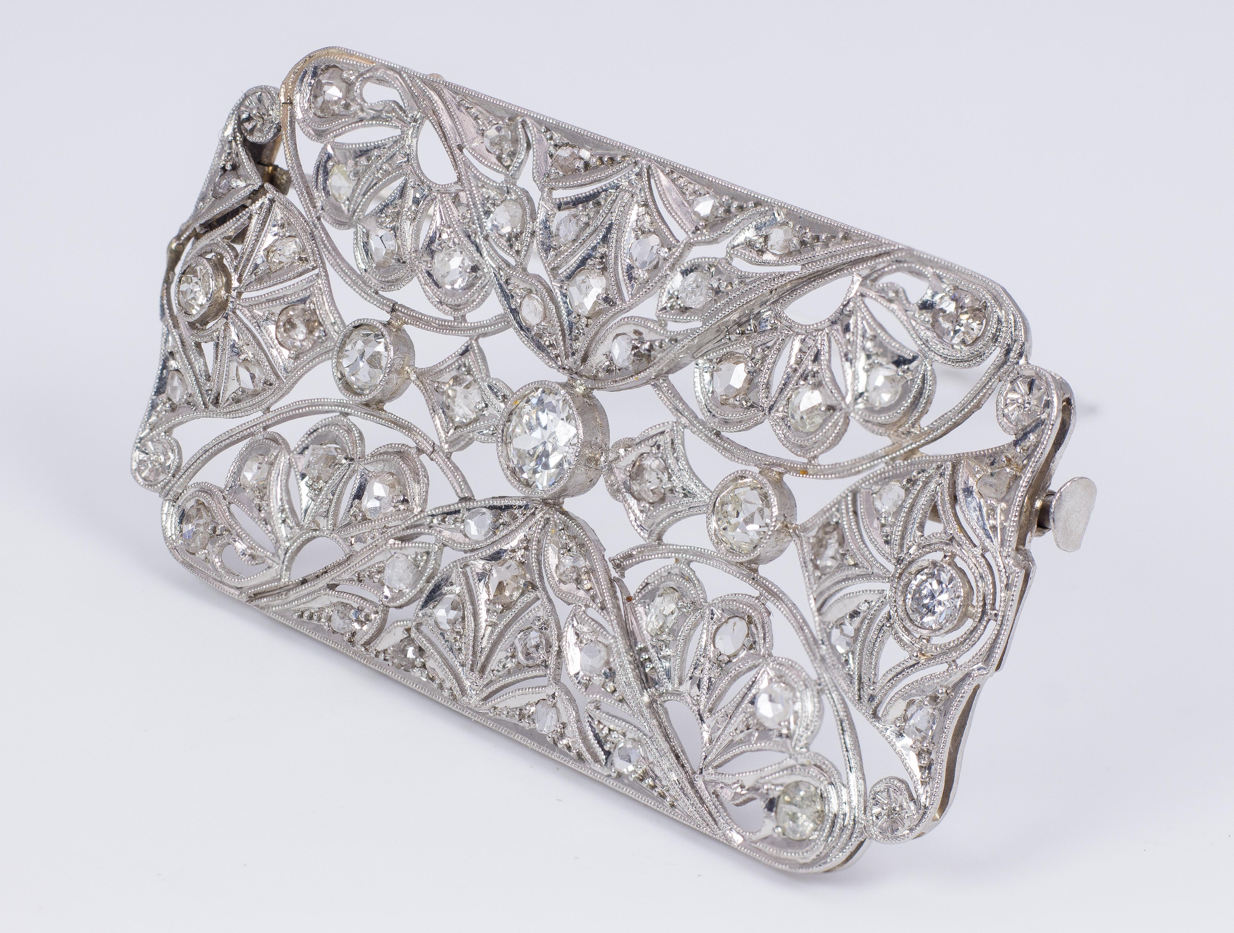Round Cut Art Deco Platinum and Diamond Brooch For Sale
