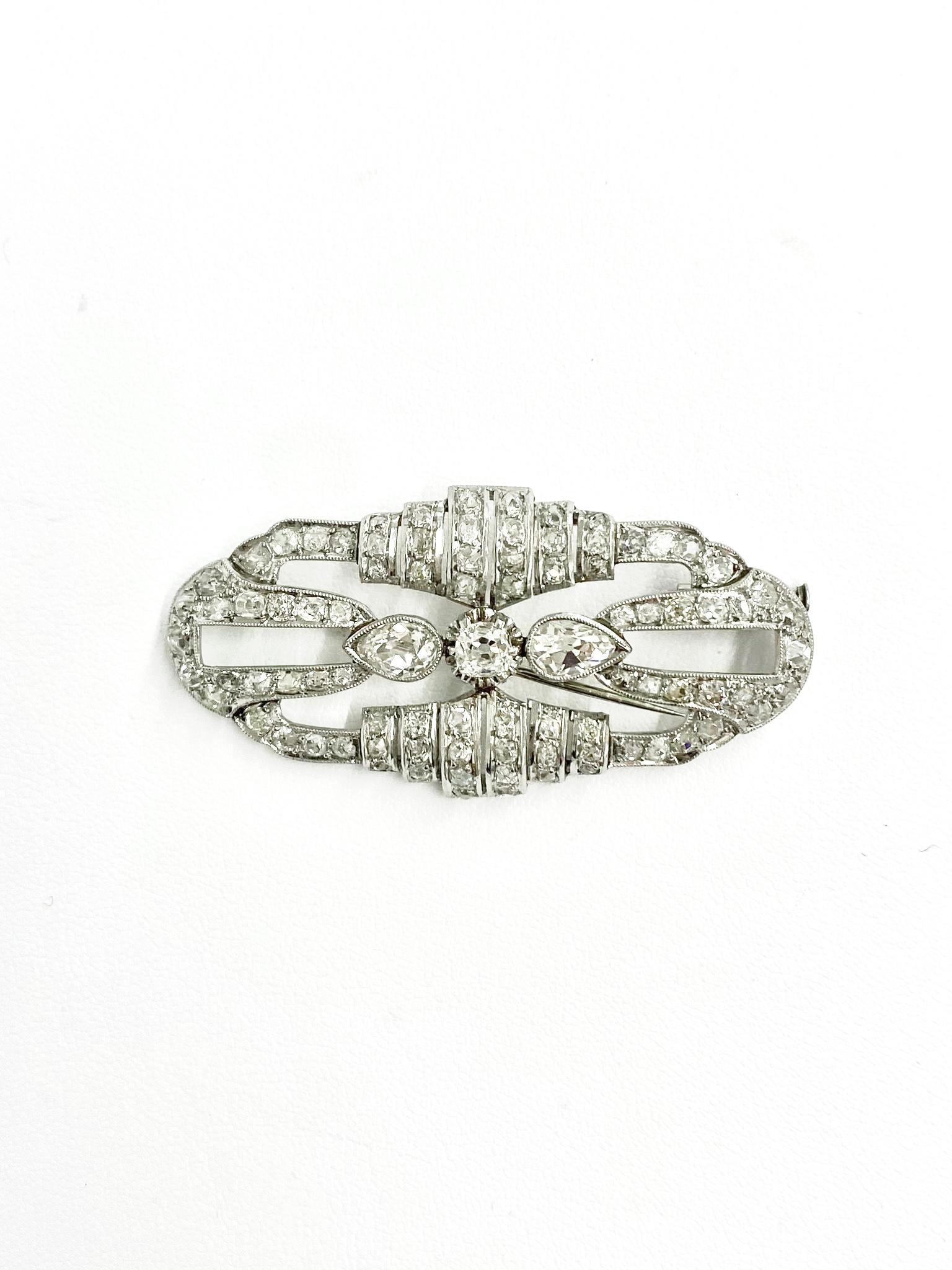 Women's or Men's Art Deco Platinum and Diamond Brooch For Sale