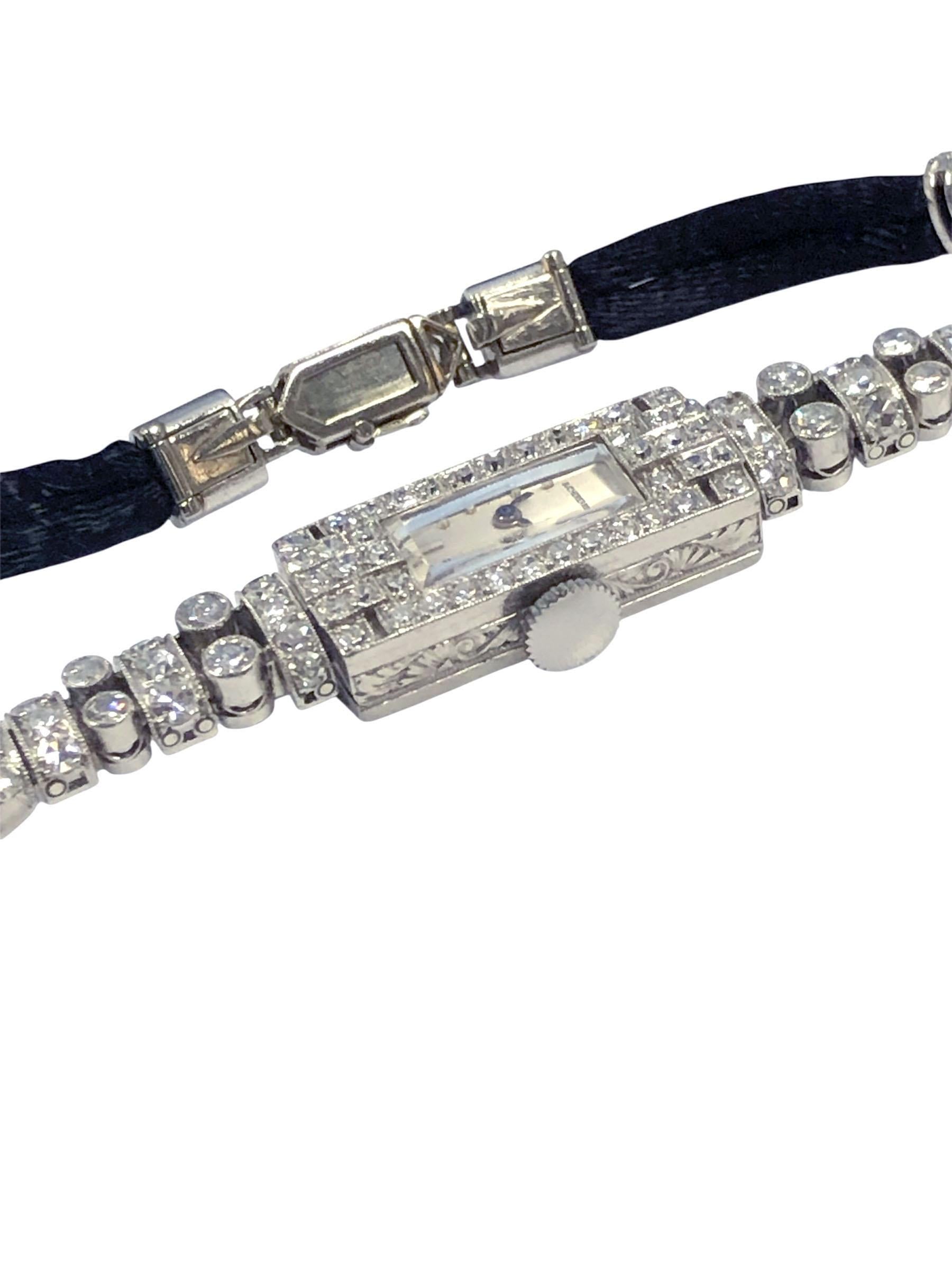Reloj de pulsera Art Déco Bucherer de platino y diamantes para señora Art Decó en venta