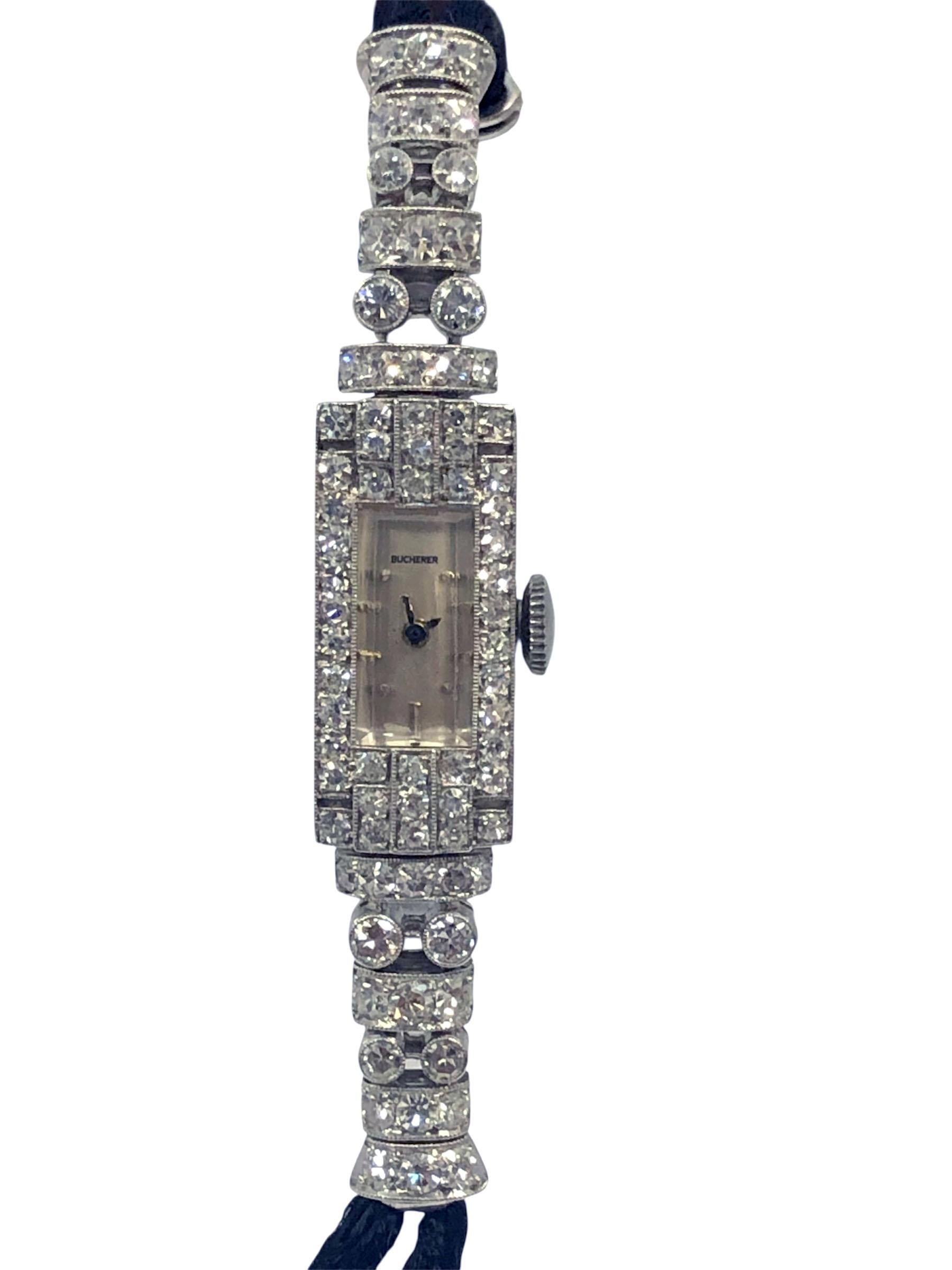 Reloj de pulsera Art Déco Bucherer de platino y diamantes para señora en Excelente estado para la venta en Chicago, IL