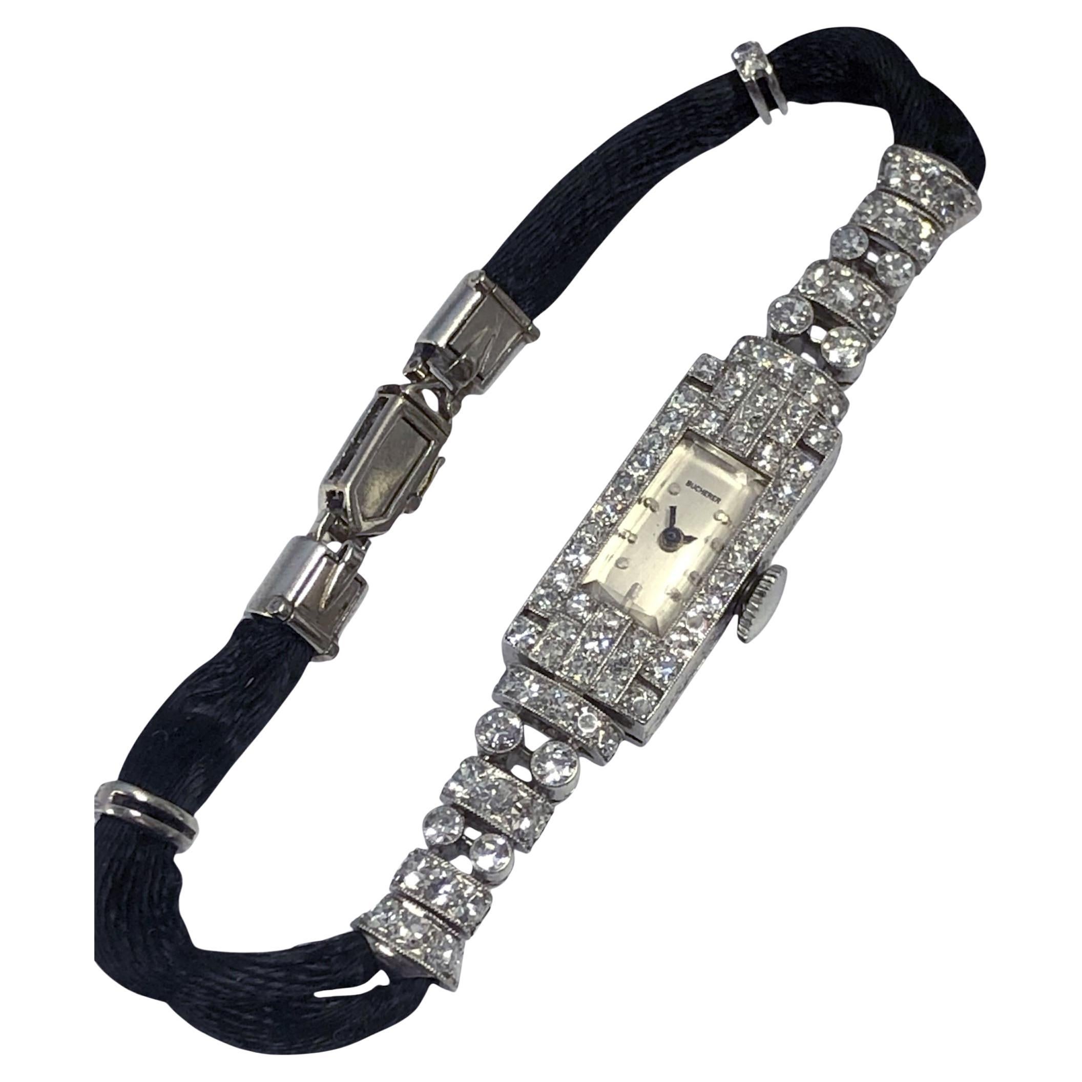 Reloj de pulsera Art Déco Bucherer de platino y diamantes para señora