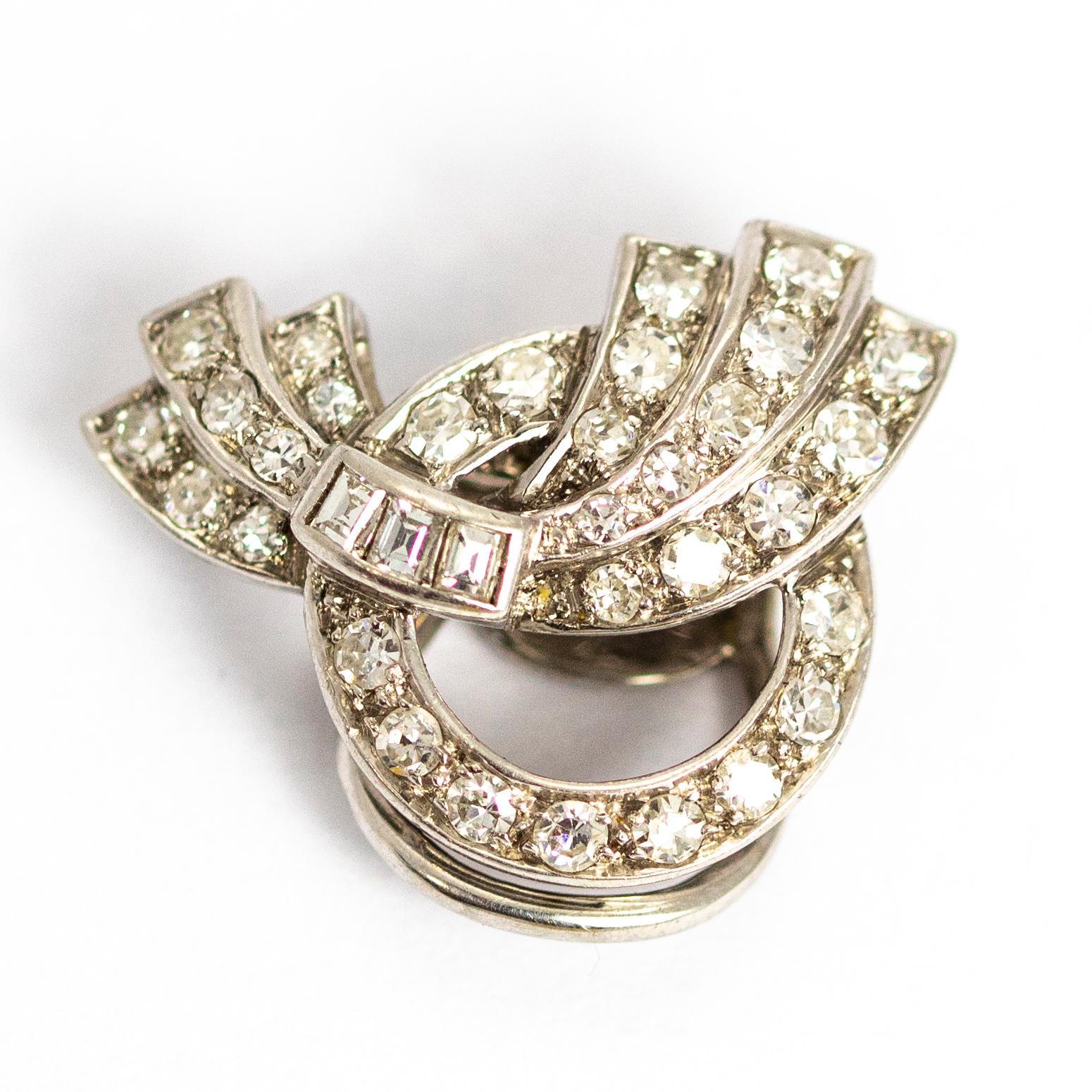 Art Deco Platinum and Diamond Clip Brooch In Excellent Condition In Chipping Campden, GB