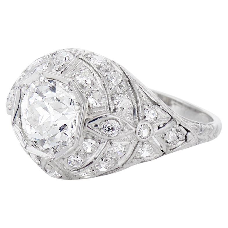 Art Deco Platinum and Diamond Dome Ring, 1.72 Carat For Sale