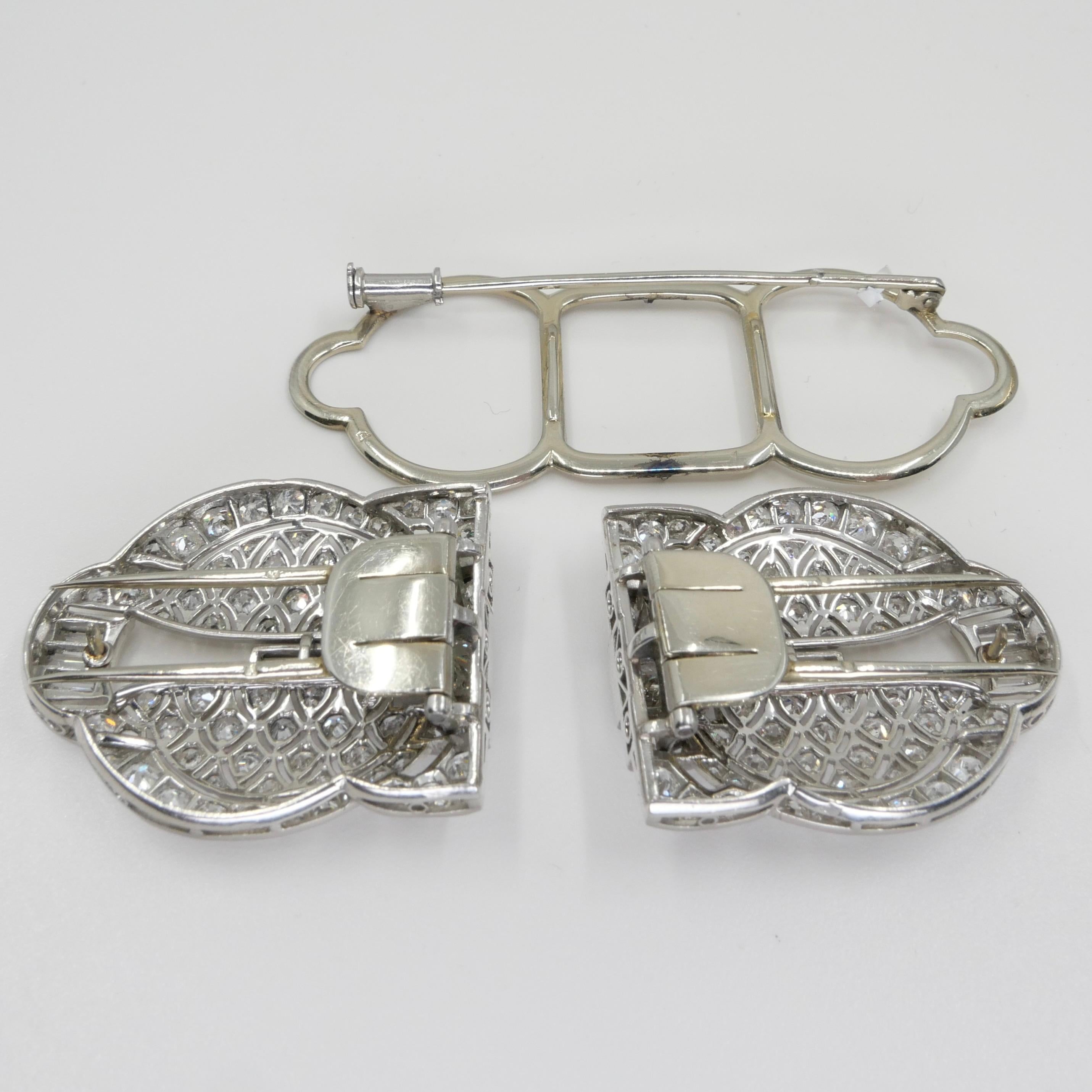 Art Deco Platinum and Diamond Double Clips, Brooch, French Marks, Two Use 6