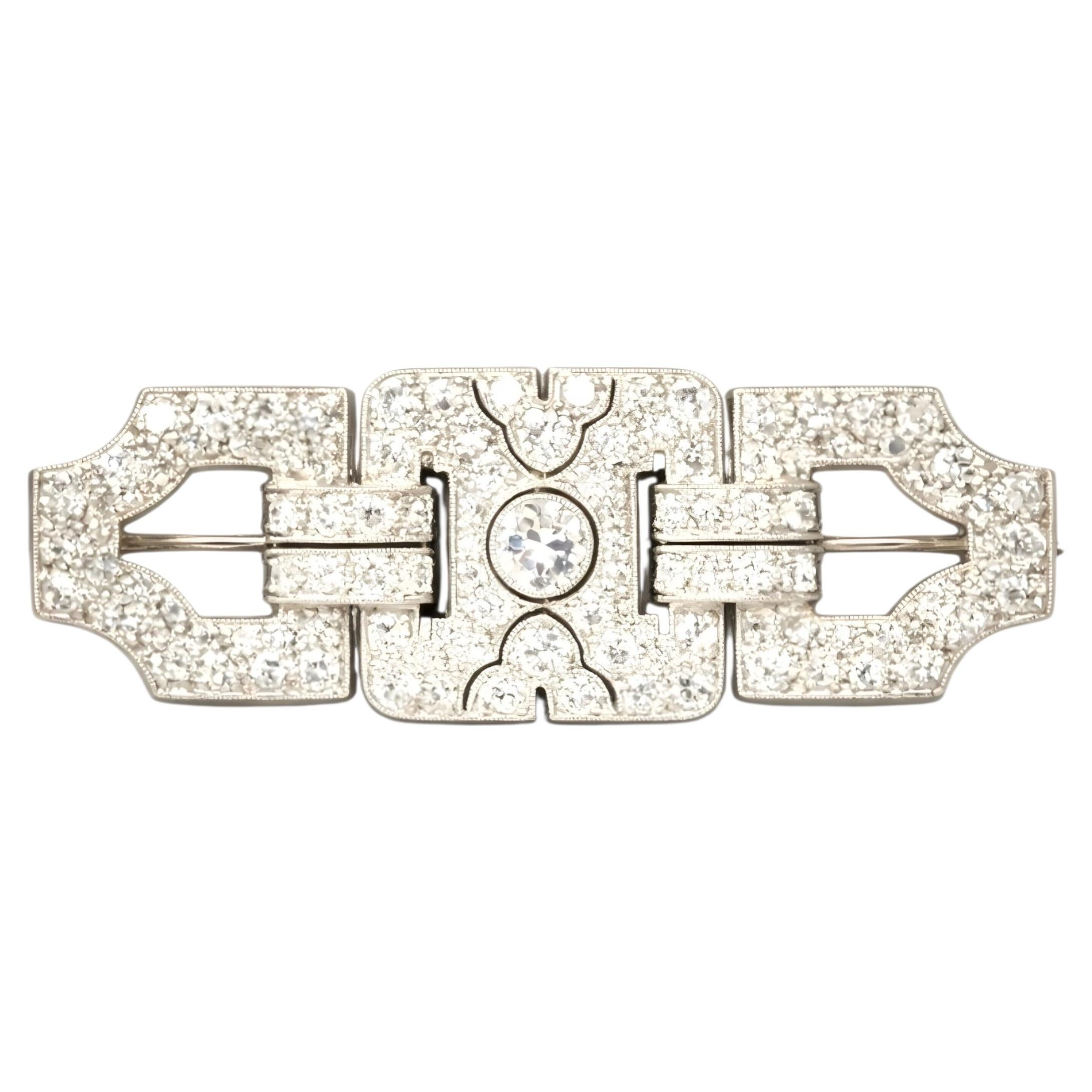 Art Deco Platinum Diamond Brooch, 1.50 Carats, Circa 1925 in Original Box