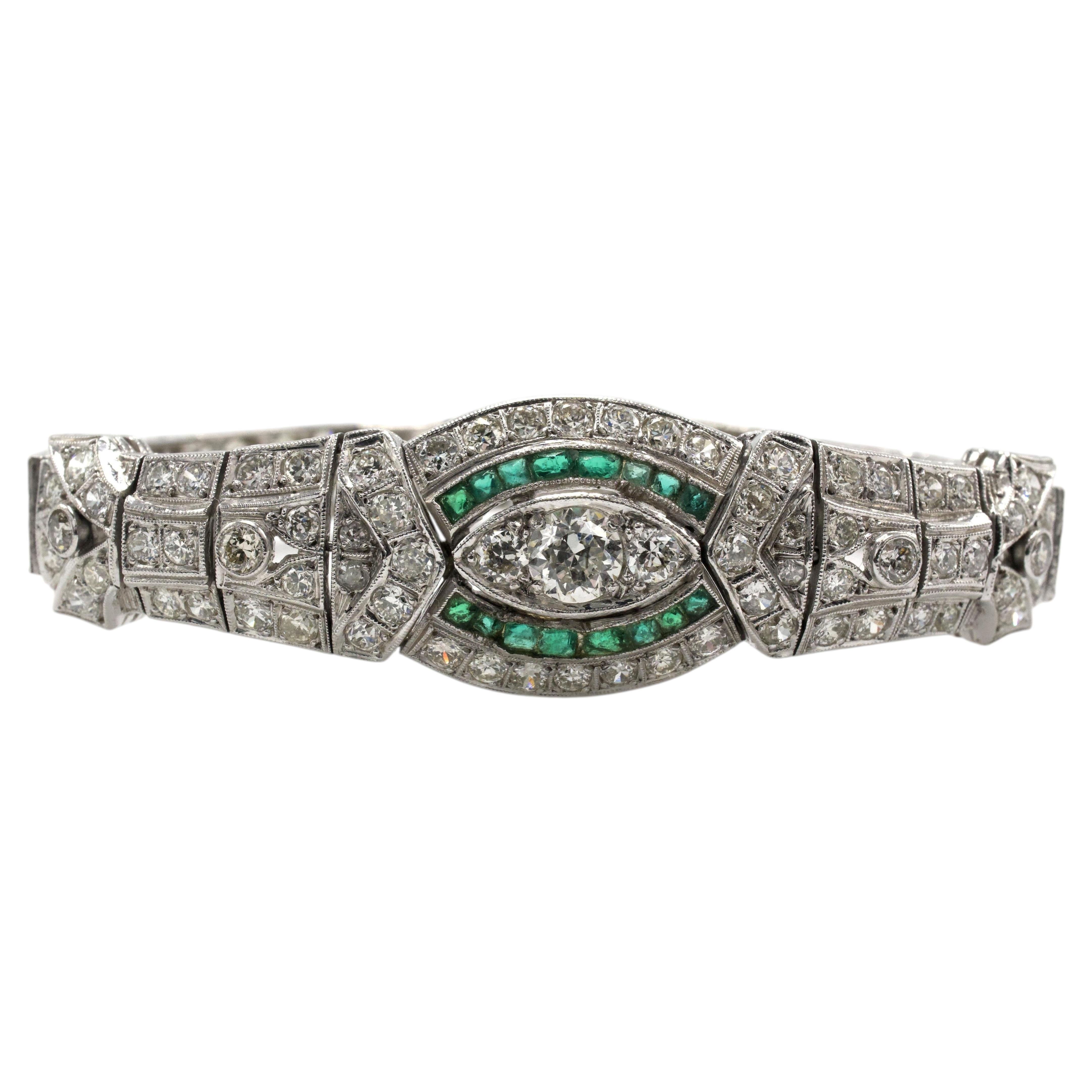 Art Deco Platinum and Diamond Link Bracelet with Emerald Accents