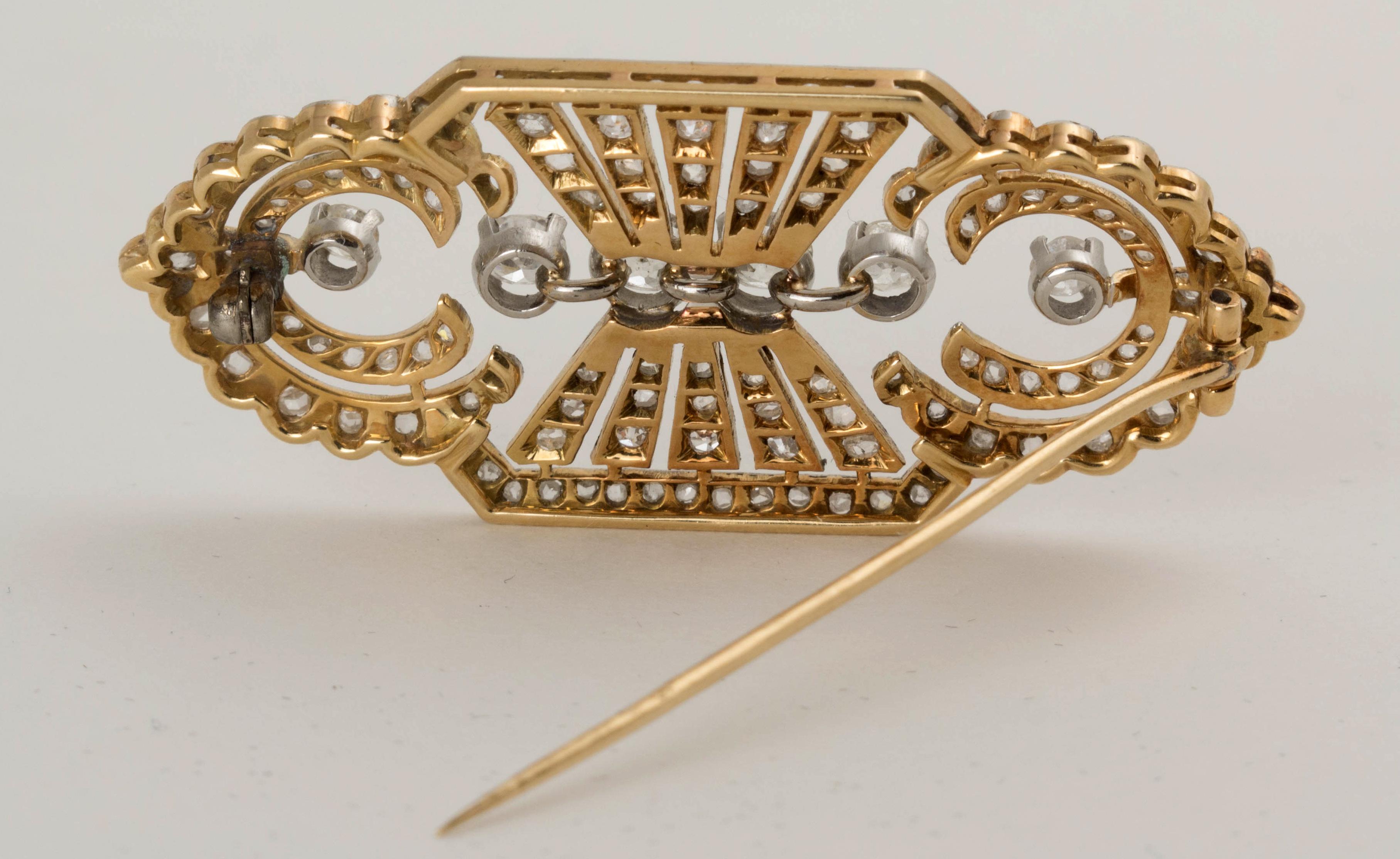 Old European Cut Art Deco Platinum and Diamond Pin Brooch For Sale