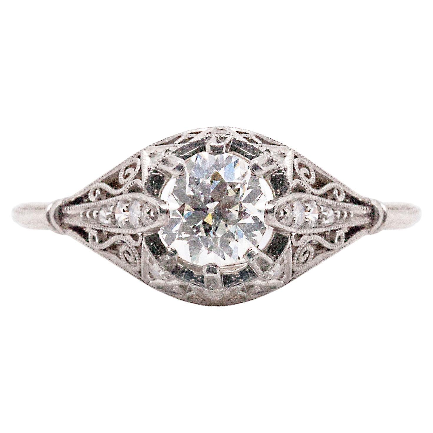 Art Deco Platinum and Diamond Ring With Exquisite Filigree Detailing For Sale