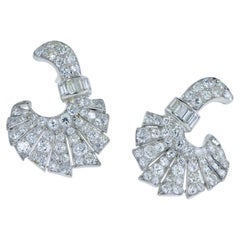 Art Deco Platinum and Diamond Stylized Fan Motif Earrings, c 1930