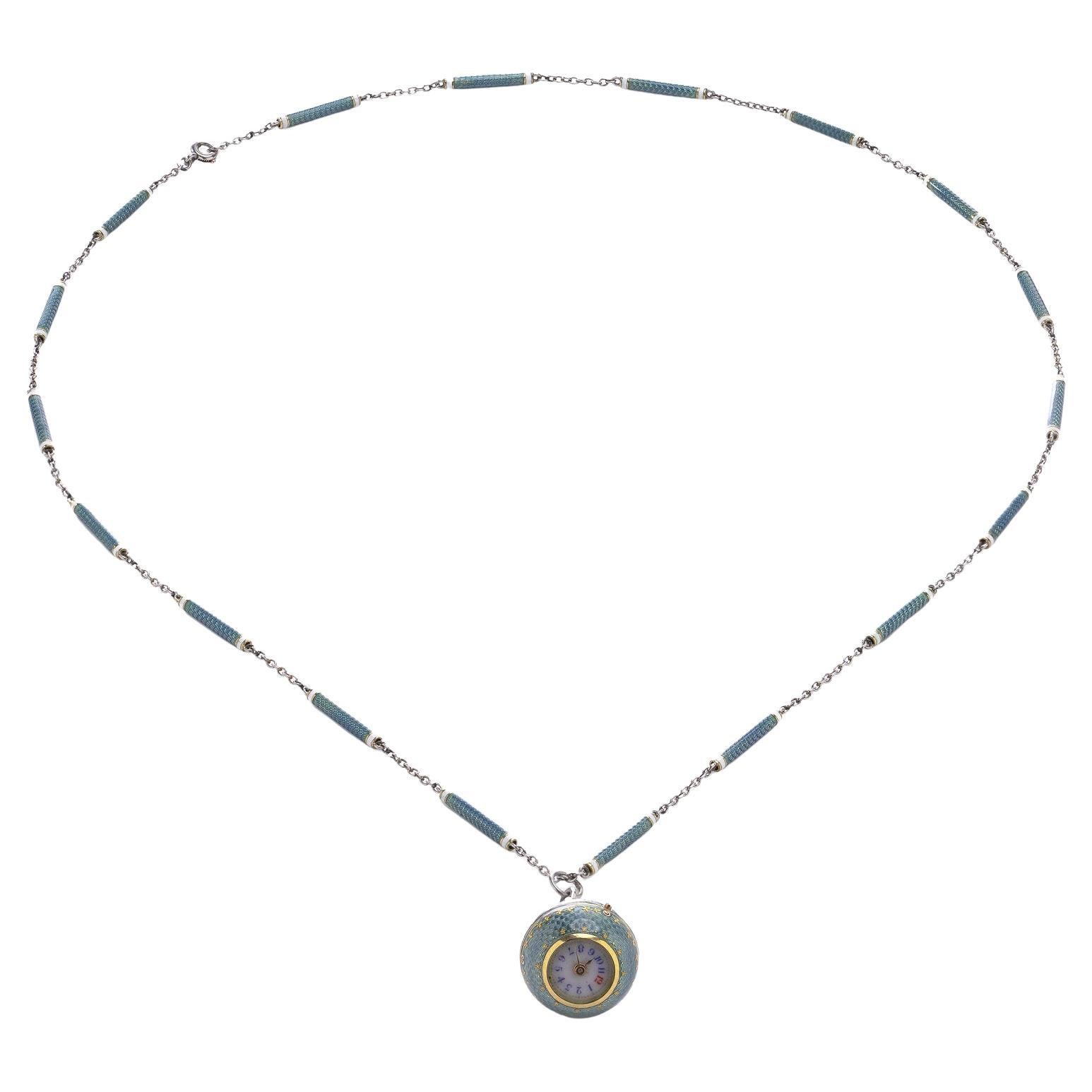 Collana orologio con ciondolo in platino e smalto Art Deco