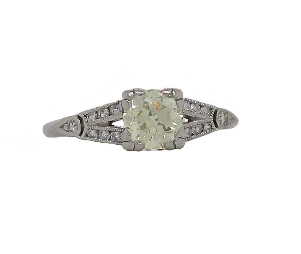 Round Cut Art Deco Platinum and Fancy Yellow Diamond Engagement Ring