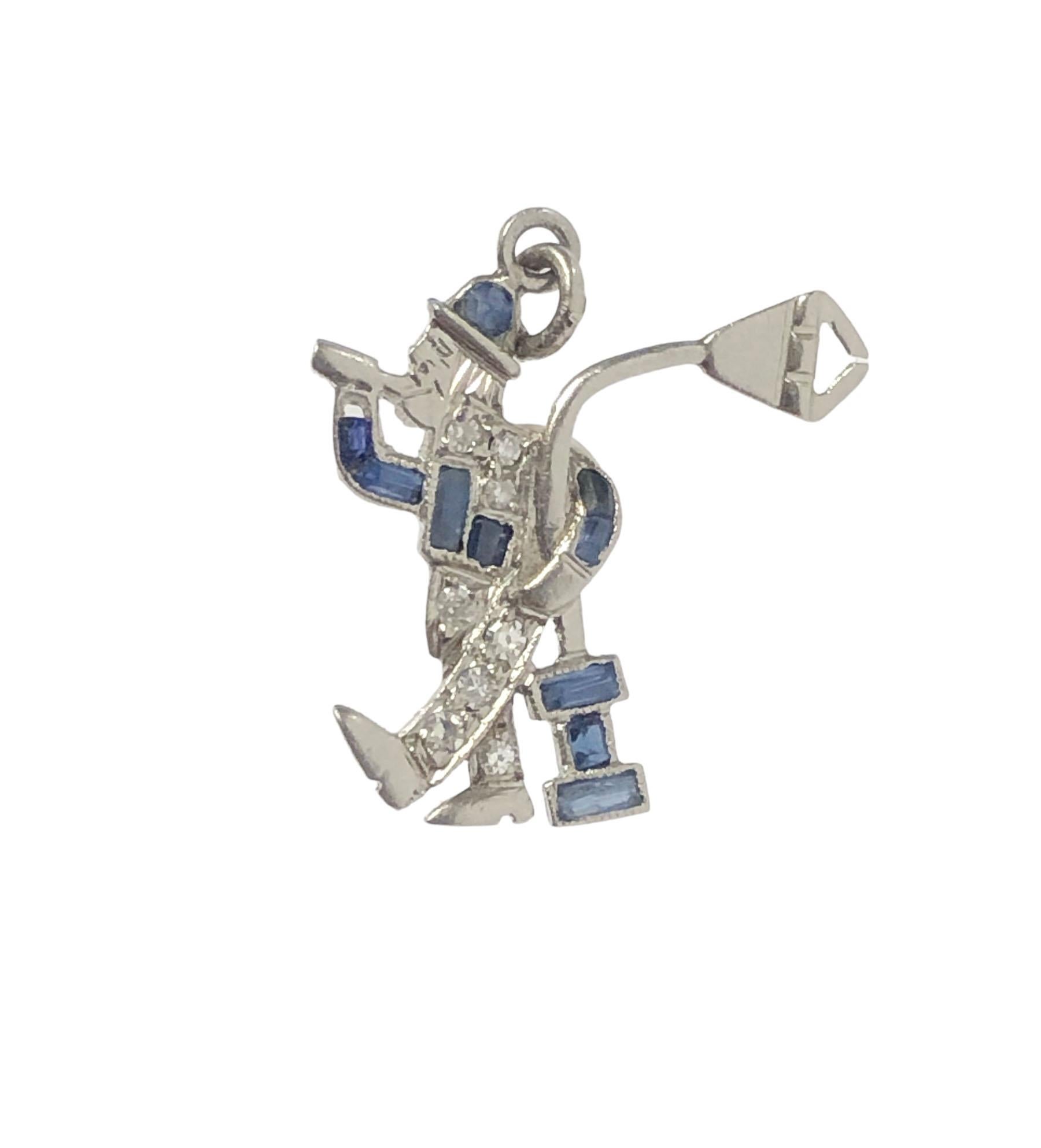 Baguette Cut Art Deco Platinum and Gemstone Drinking Guy Charm For Sale