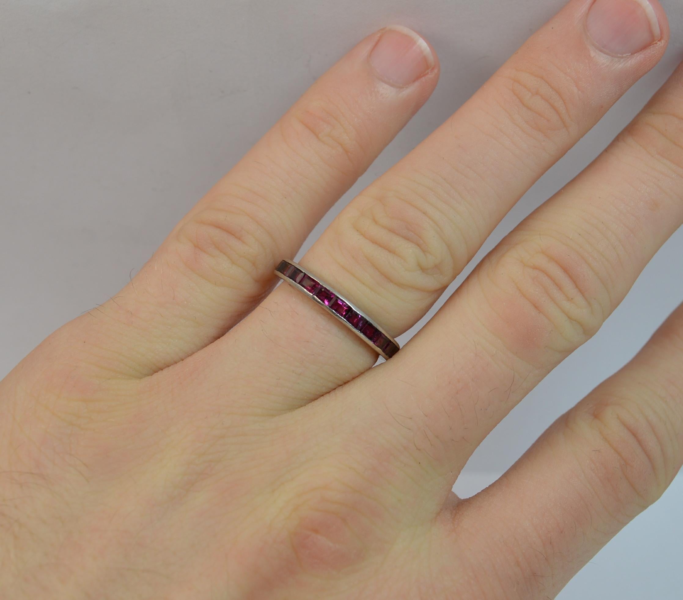 Princess Cut Art Deco Platinum and Ruby Full Eternity Band or Stack Ring
