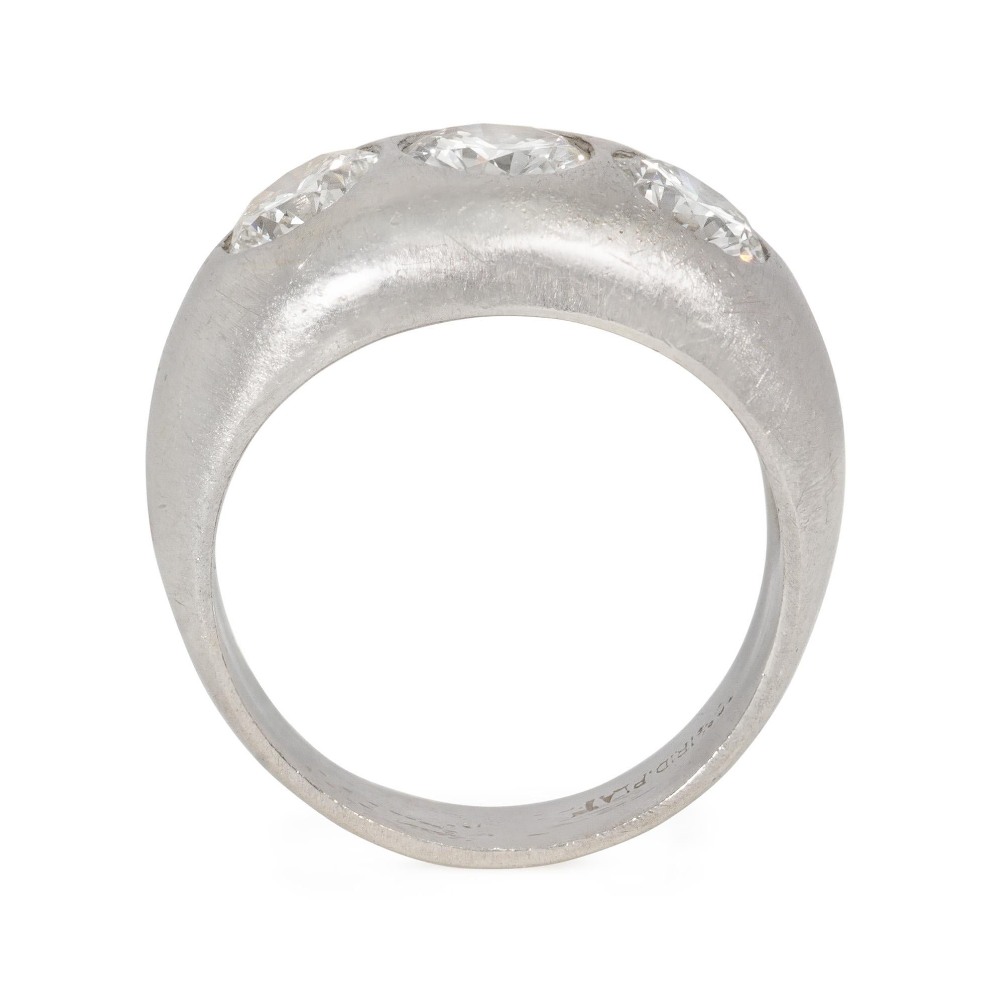 Old European Cut Art Deco Platinum and Three-Stone Diamond Flush-Set Ring For Sale
