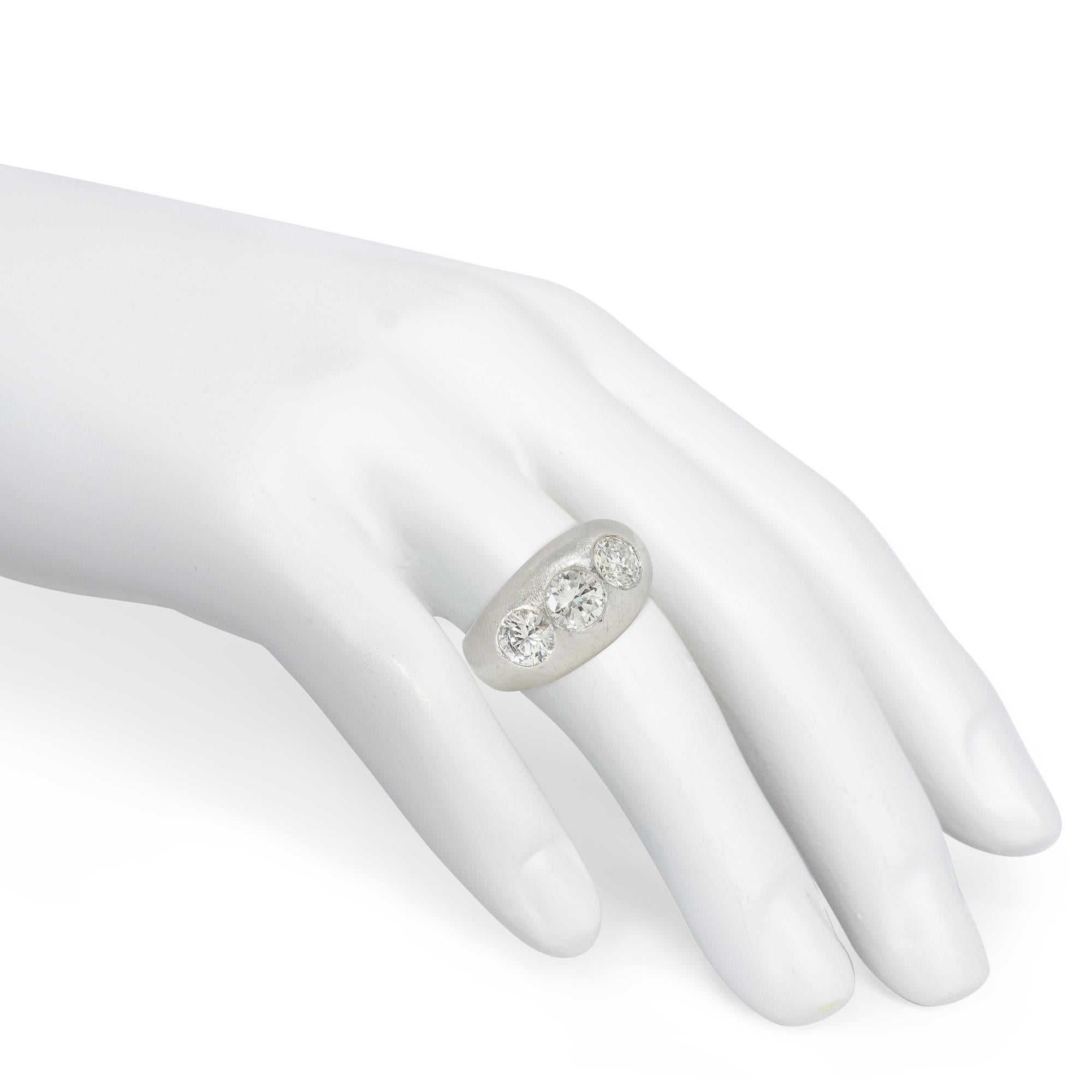 Women's or Men's Art Deco Platinum and Three-Stone Diamond Flush-Set Ring For Sale