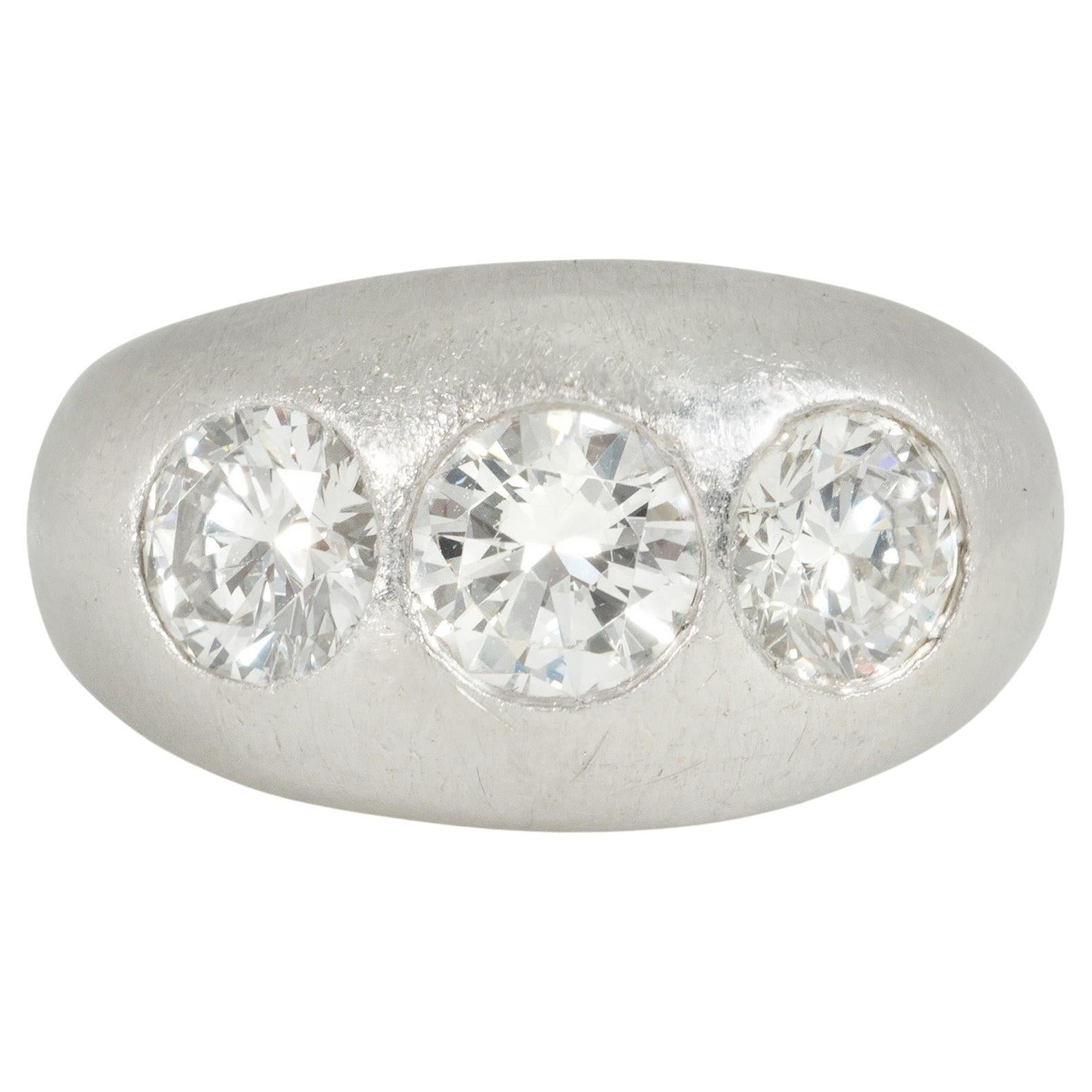 Art Deco Platinum and Three-Stone Diamond Flush-Set Ring For Sale