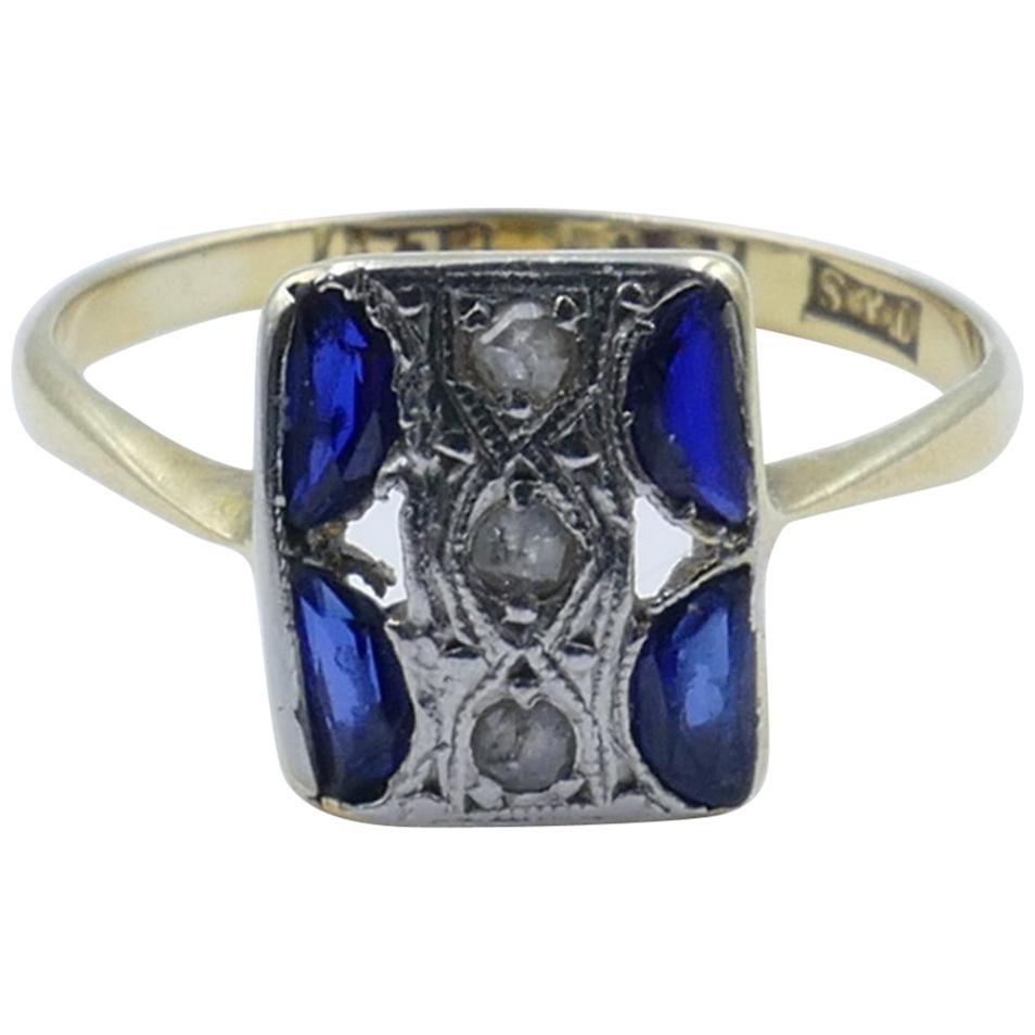 Art Deco Platinum and Yellow Gold Diamond and Sapphire Ring For Sale