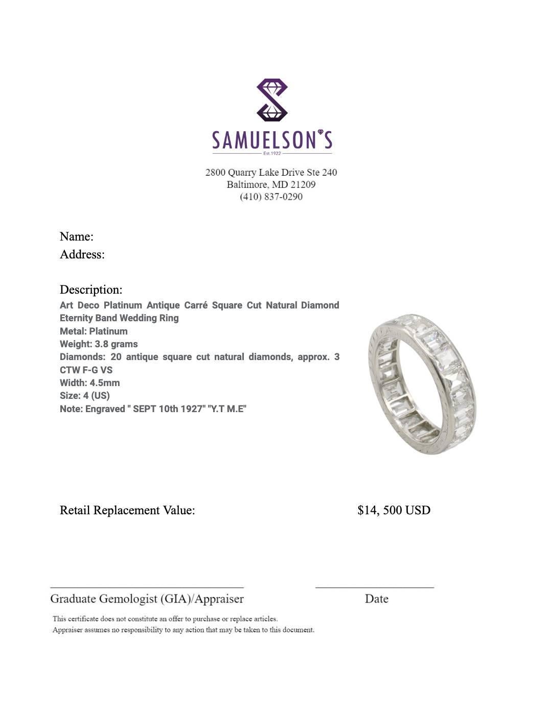 Art Deco Platinum Antique Carré Square Cut Natural Diamond Eternity Band  Ring 2