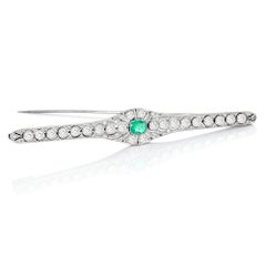 Art Deco Platinum Antique Emerald and Diamond Bar Brooch