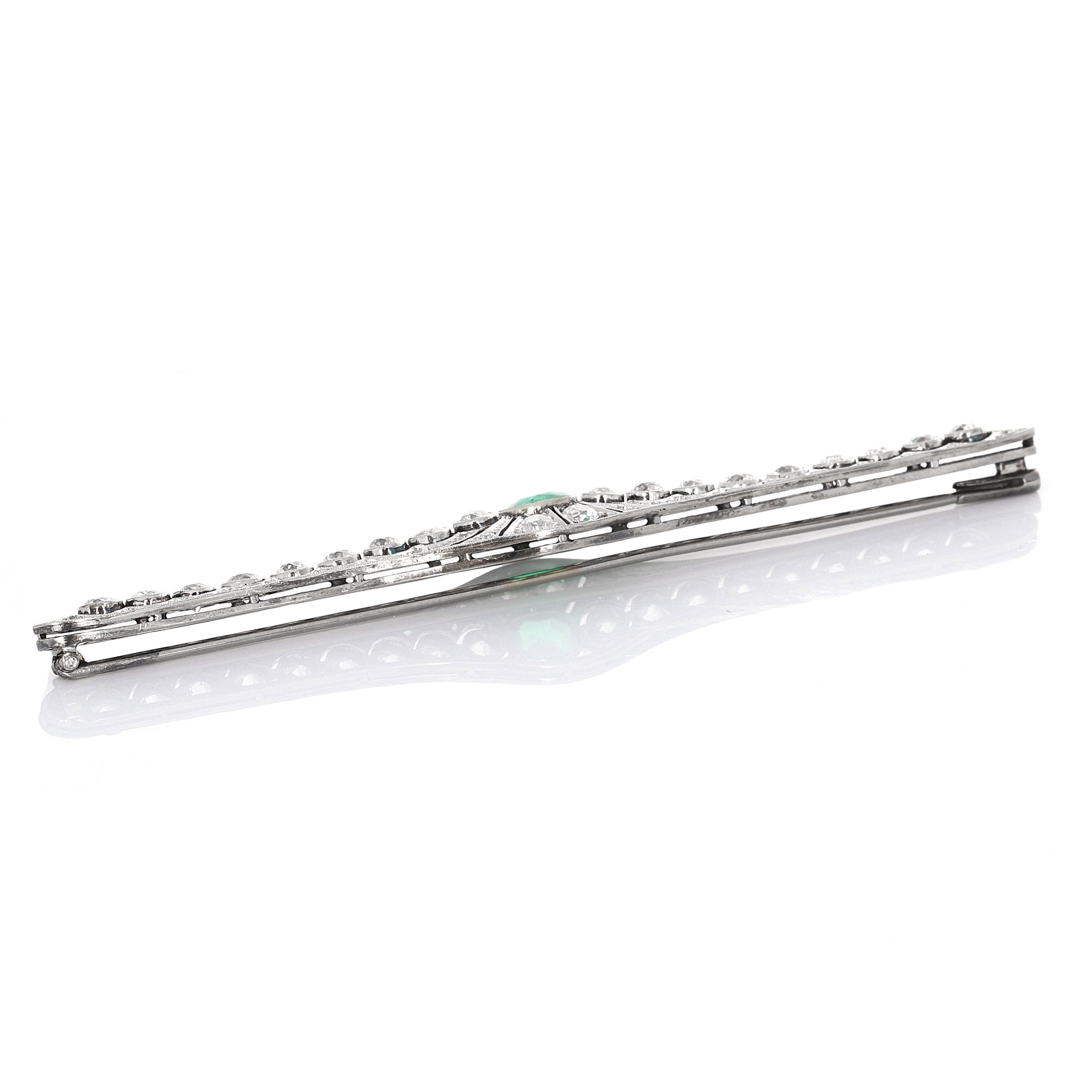 Cushion Cut Art Deco Platinum Antique Emerald and Diamond Bar Brooch For Sale