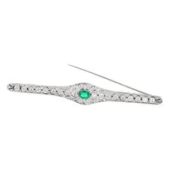 Art Deco Platinum Antique Emerald and Diamond Bar Brooch