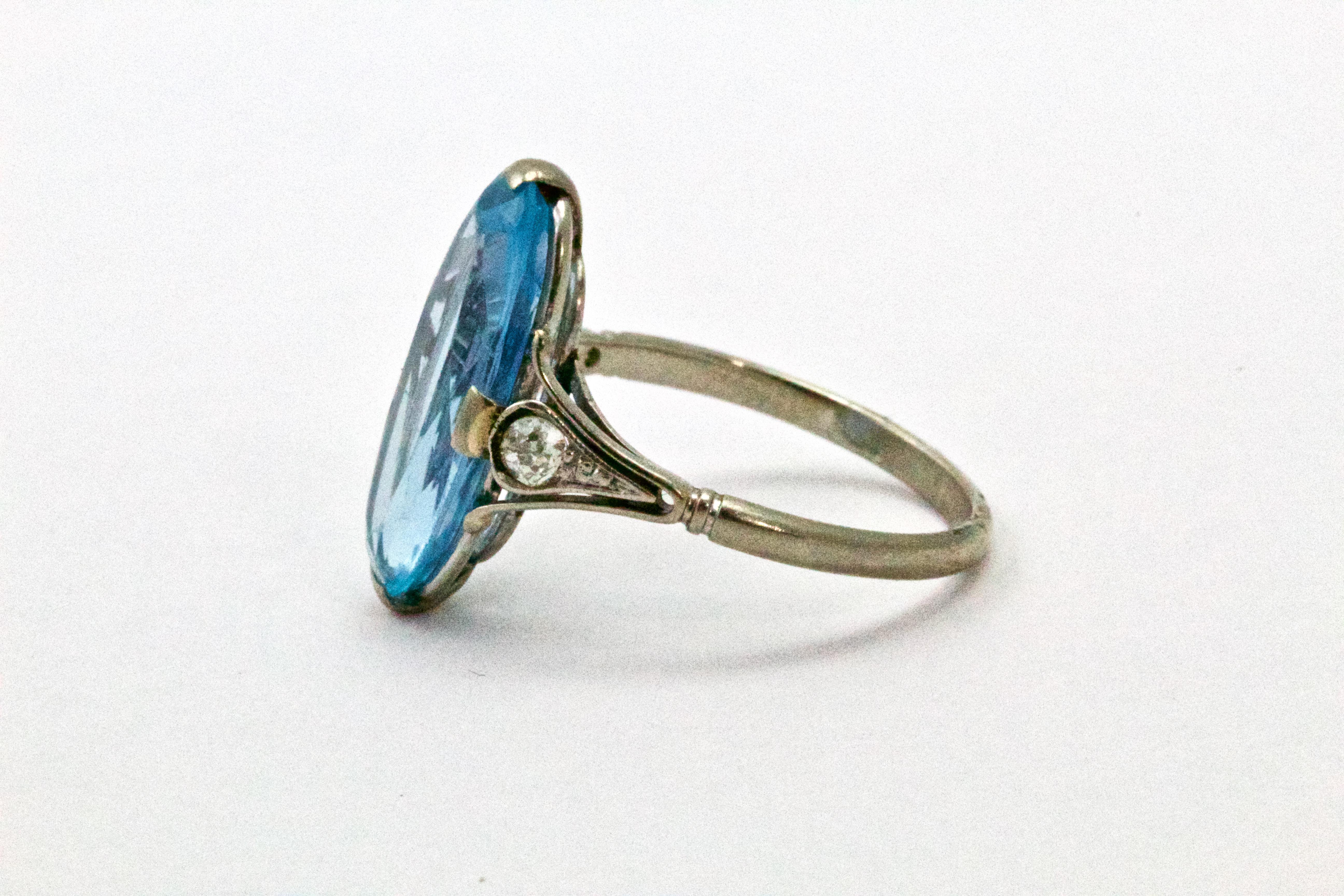 Oval Cut Art Deco Platinum Aquamarine and Diamond Ring